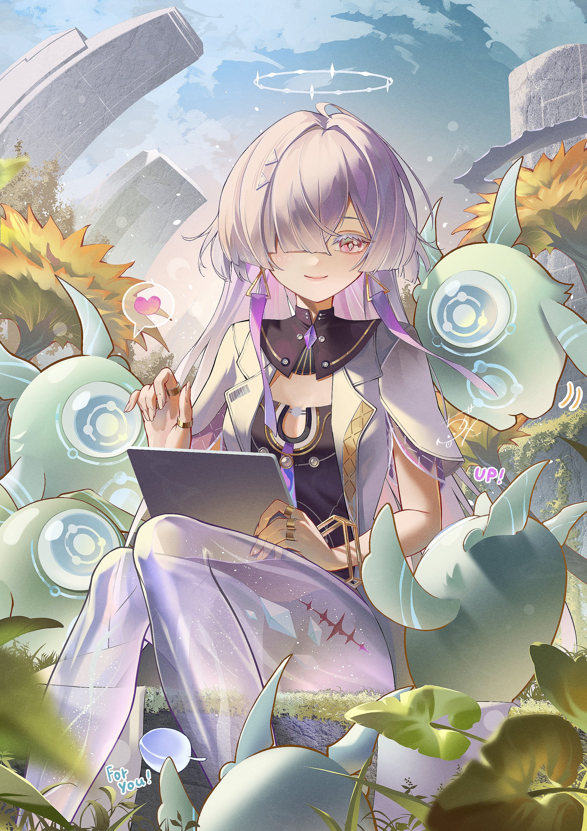 chigusa7h, mornye (wuthering waves), wuthering waves, absurdres, commentary request, highres, 1girl, breasts, closed mouth, dress, earrings, english text, fingernails, hair ornament, hair over one eye, halo, holding, holding tablet pc, jacket, jewelry, knees together feet apart, looking at viewer, outdoors, purple dress, red eyes, see-through body, sitting, small breasts, smile, solo, tablet pc, tacet mark (wuthering waves), triangle earrings, white jacket