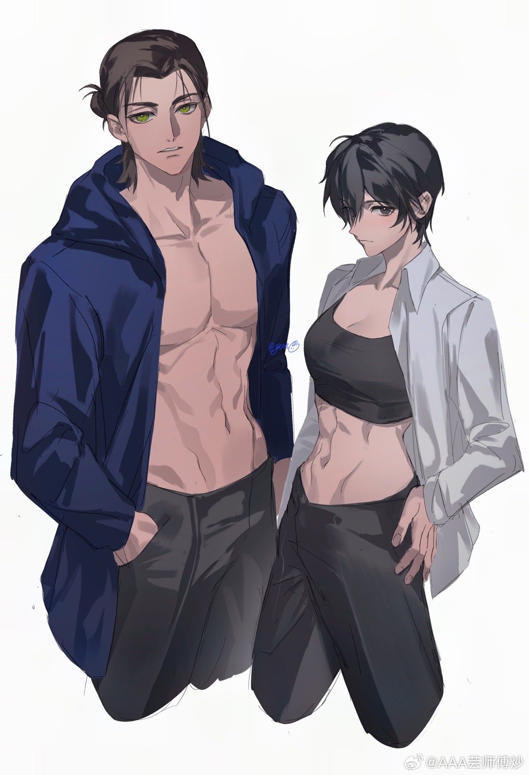 yun (dl2n5c7kbh8ihcx), eren yeager, mikasa ackerman, shingeki no kyojin, chinese commentary, commentary request, highres, 1boy, 1girl, abs, black hair, black pants, black sports bra, blue coat, breasts, brown hair, cleavage, closed mouth, coat, collarbone, collared shirt, cropped legs, green eyes, grey eyes, hair bun, hand on own hip, hands in pockets, hood, hood down, hooded coat, looking at viewer, medium breasts, midriff, navel, open clothes, open coat, open shirt, pants, parted bangs, parted lips, pectorals, shirt, short hair, sports bra, stomach, toned, toned male, watermark, weibo username, weibo watermark, white background, white shirt