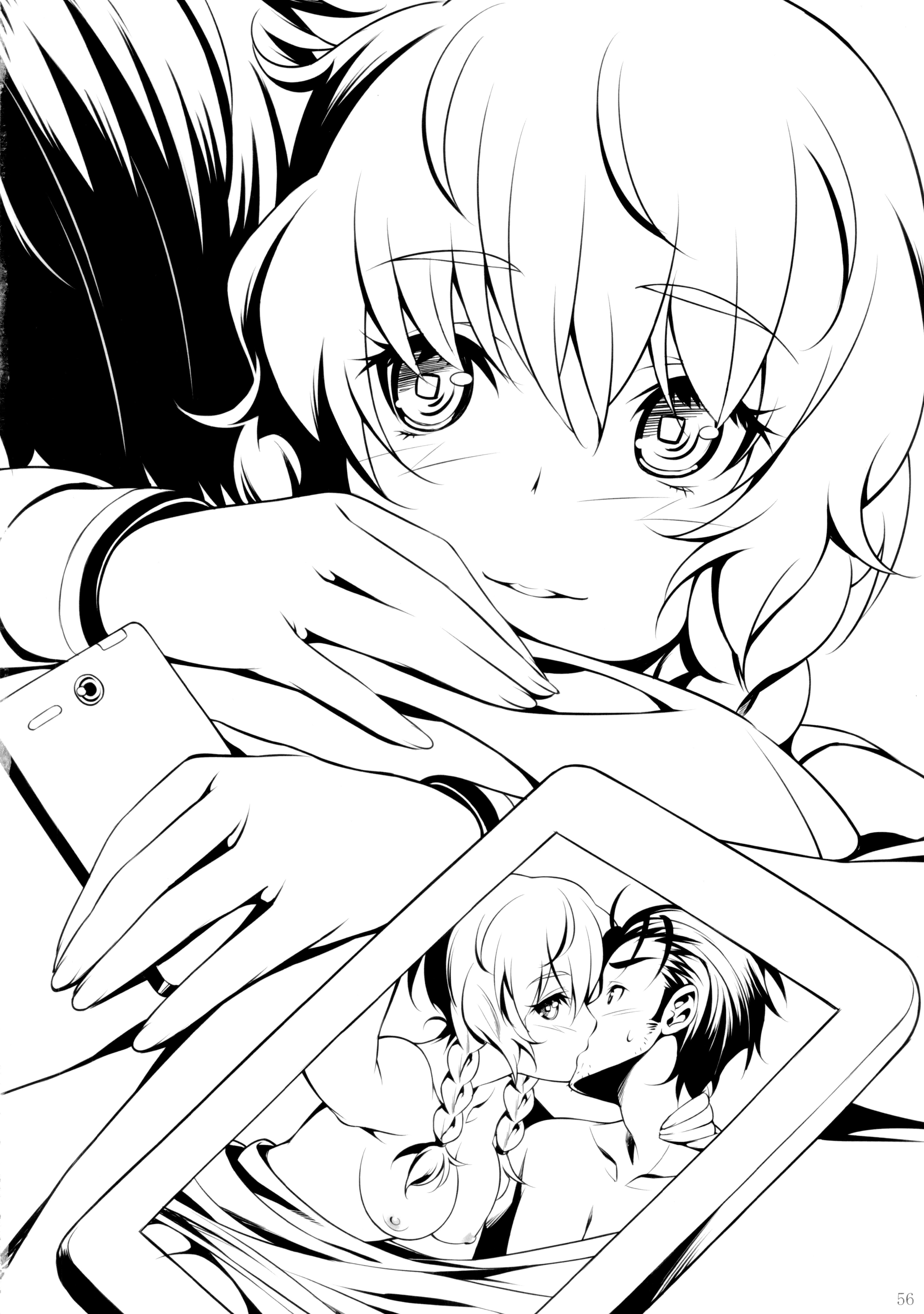 ikeda yasuhiro, amane suzuha, okabe rintarou, science adventure, steins;gate, absurdres, highres, 1boy, 1girl, aftersex, black hair, blush, braid, breasts, cellphone, cellphone photo, couple, greyscale, grin, hetero, holding, holding phone, hug, jacket, kiss, long hair, long sleeves, looking at viewer, medium breasts, monochrome, nipples, official artist extra, parted lips, phone, ringed eyes, short hair, smile, square pupils, topless female, topless male, track jacket, twin braids, under covers, white background