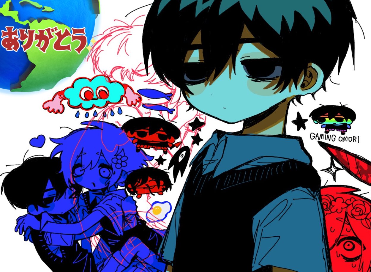 kobanzame omo, basil (faraway) (omori), basil (headspace) (omori), basil (omori), bluecloud (omori), omori (omori), something (omori), sunny (omori), omori, commentary request, translation request, > o, 1girl, 4boys, black eyes, black hair, black sweater vest, black tank top, chibi, closed mouth, collared shirt, double-parted bangs, dual persona, english text, expressionless, flower, flower wreath, hair between eyes, hair flower, hair ornament, head wreath, heart, holding, holding knife, hug, knife, mixed-language text, multiple boys, one eye closed, parted lips, shirt, short hair, short sleeves, sidelocks, sweater vest, tank top, white shirt, yaoi