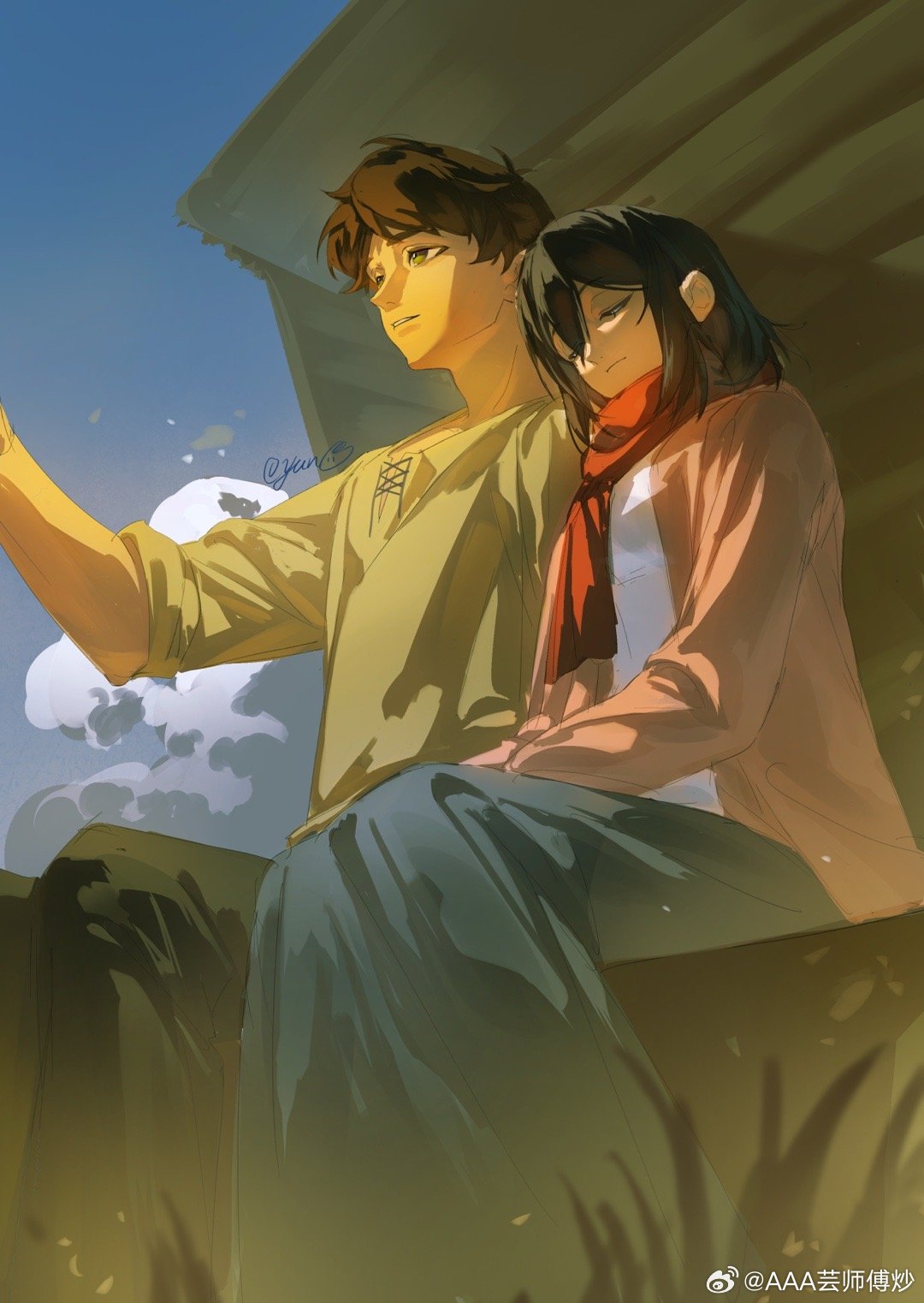 yun (dl2n5c7kbh8ihcx), eren yeager, mikasa ackerman, shingeki no kyojin, chinese commentary, commentary request, highres, 1boy, 1girl, black hair, blue skirt, brown hair, cabin, cardigan, closed eyes, closed mouth, cloud, cloudy sky, feet out of frame, hair behind ear, long skirt, long sleeves, medium hair, open cardigan, open clothes, outdoors, parted lips, pink cardigan, red scarf, scarf, shirt, short hair, signature, sitting, skirt, sky, watermark, weibo username, weibo watermark, white shirt