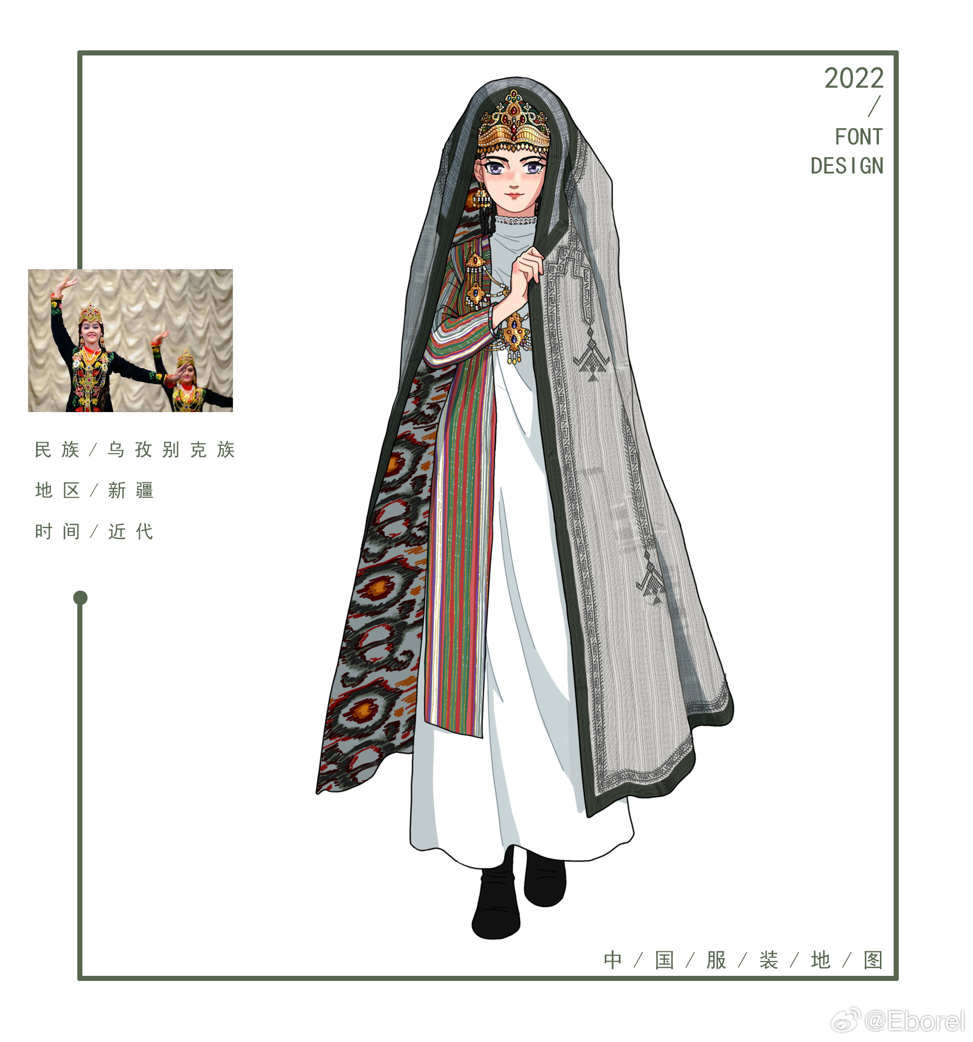 original, chinese commentary, commentary request, highres, photo-referenced, translated, 1girl, 2022, black boots, black hat, blue eyes, boots, chinese text, eborel, full body, grey veil, hat, hat ornament, holding veil, jewelry, looking at viewer, necklace, photo inset, red lips, reference inset, robe, solo, standing, uzbek clothes, veil, watermark, weibo watermark, white background, white robe
