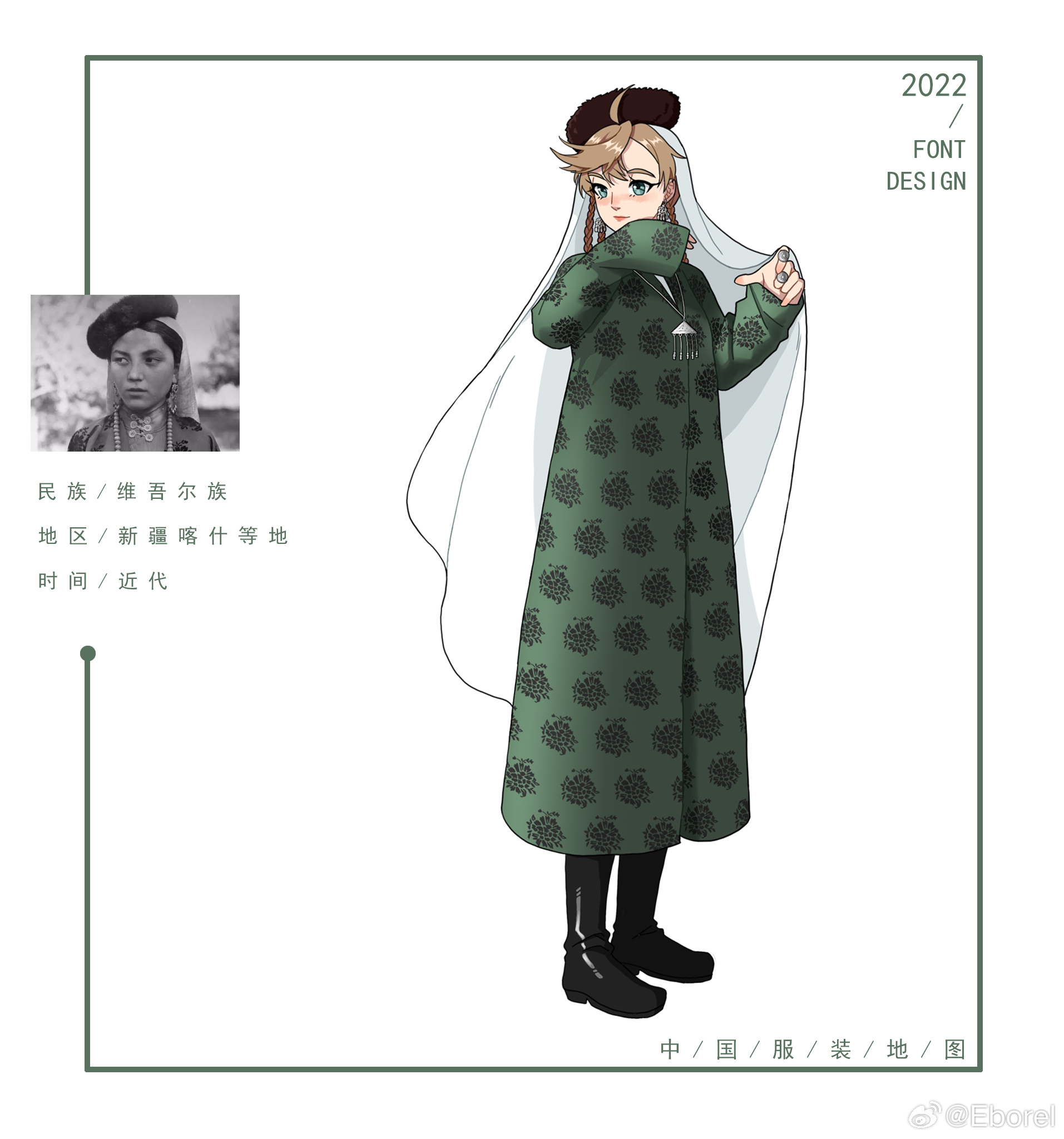 original, chinese commentary, commentary request, highres, photo-referenced, translated, 1girl, 2022, black boots, black hat, blue eyes, boots, braid, brown hair, chinese text, earrings, eborel, floral print, full body, fur hat, green robe, hands up, hat, jewelry, long braid, looking at viewer, multiple braids, photo inset, red lips, reference inset, robe, solo, standing, uygur clothes, veil, watermark, weibo watermark, white background, white veil