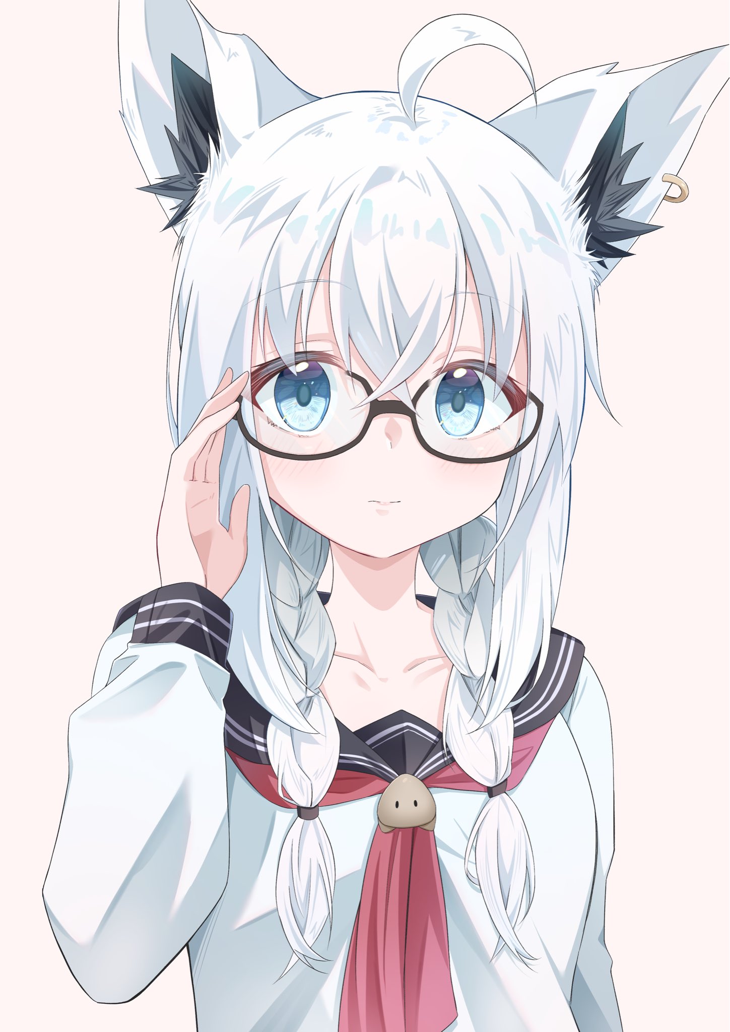 miree 030, shirakami fubuki, hololive, check commentary, commentary, commentary request, highres, 1girl, adjusting eyewear, ahoge, animal ear fluff, animal ear hairband, animal ears, black-framed eyewear, black sailor collar, blue eyes, braid, collarbone, fake animal ears, fox ears, fox girl, glasses, hairband, long hair, looking at viewer, neckerchief, red neckerchief, sailor collar, school uniform, serafuku, shirt, simple background, solo, twin braids, upper body, virtual youtuber, white hair, white shirt