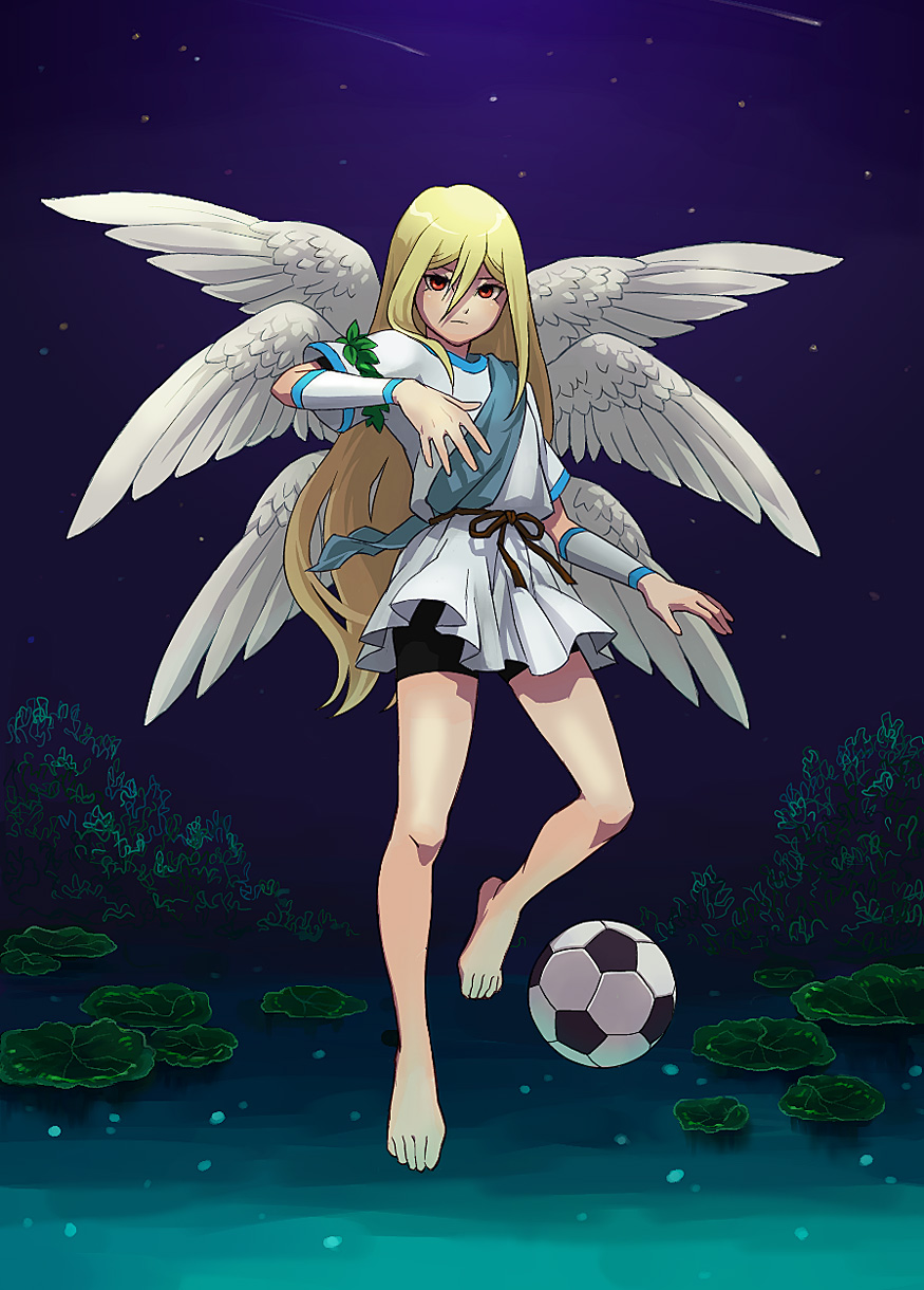 afuro terumi, inazuma eleven, inazuma eleven (series), highres, 00s, 1boy, barefoot, child, feet, full body, male focus, nature, outdoors, sky, solo, wings