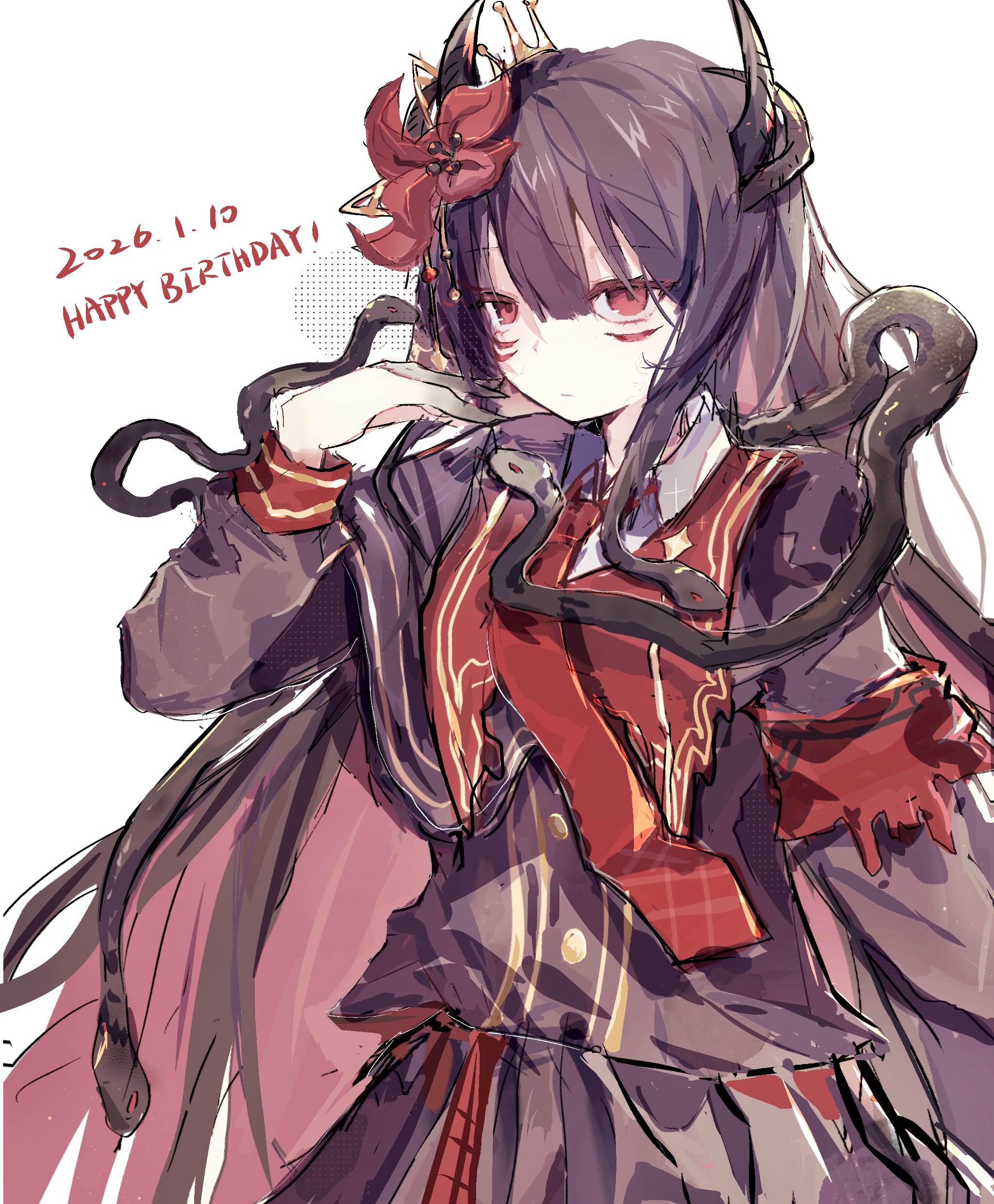 nikaido hiro, mahou shoujo no majo saiban, absurdres, chinese commentary, commentary request, highres, 1girl, armband, black capelet, black hair, black horns, black shirt, black skirt, capelet, closed mouth, collared shirt, cowboy shot, crown, dated, extra horns, flower, hair between eyes, hair ornament, hand up, happy birthday, horns, hunie80952, long hair, long sleeves, looking at viewer, necktie, pleated skirt, red armband, red eyes, red flower, red necktie, shirt, simple background, skirt, snake hair, solo, standing, white background, witch (manosaba), x hair ornament