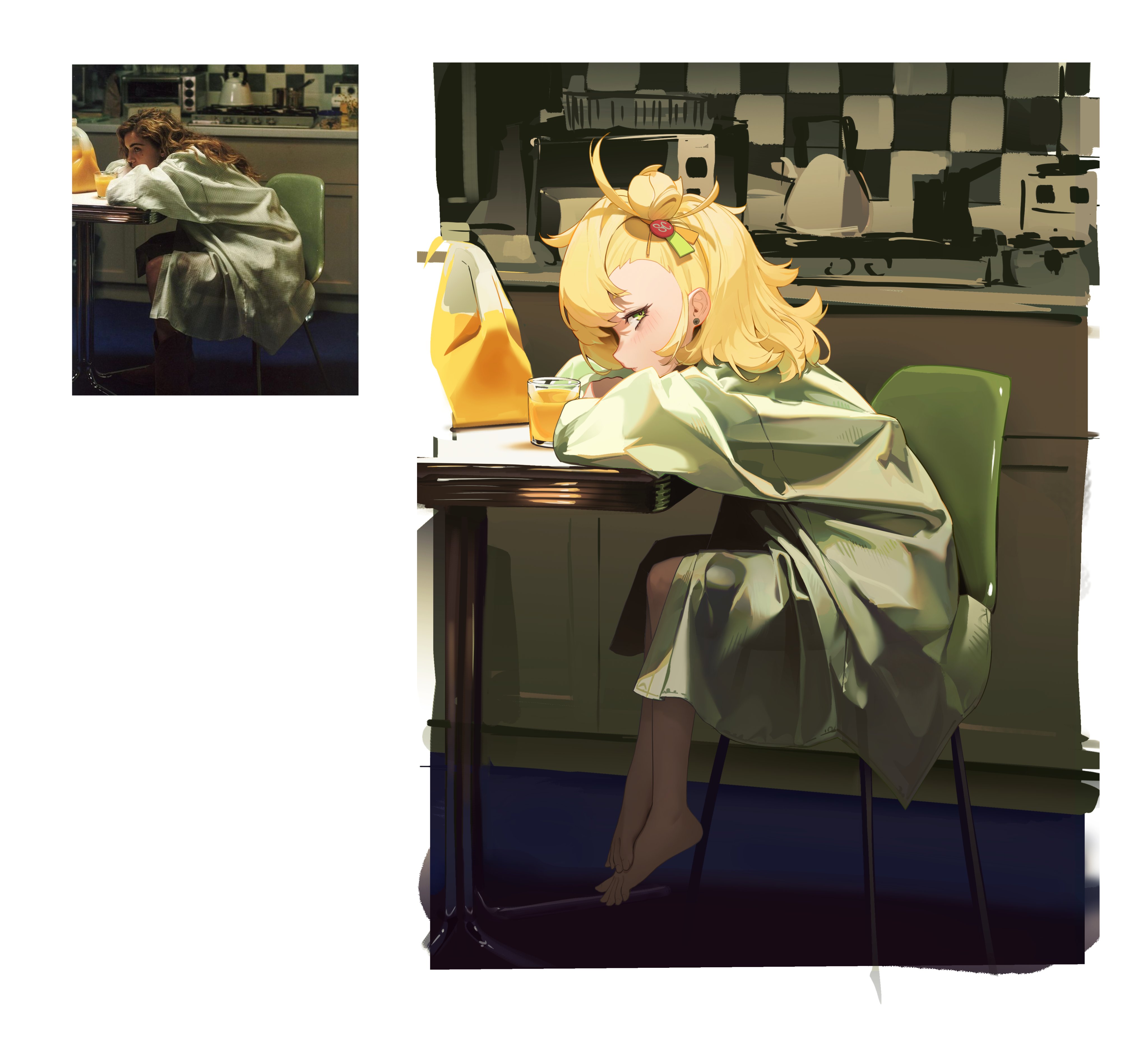 ohoo 7am, piper wheel, zenless zone zero, absurdres, commentary, highres, 1girl, alternate costume, arm rest, blonde hair, blush, brown pantyhose, chair, coat, cup, drinking glass, earrings, from side, full body, green coat, green eyes, indoors, jewelry, juice, kettle, looking at viewer, no shoes, on chair, pantyhose, real life insert, reference inset, simple background, sitting, solo, toes, white background