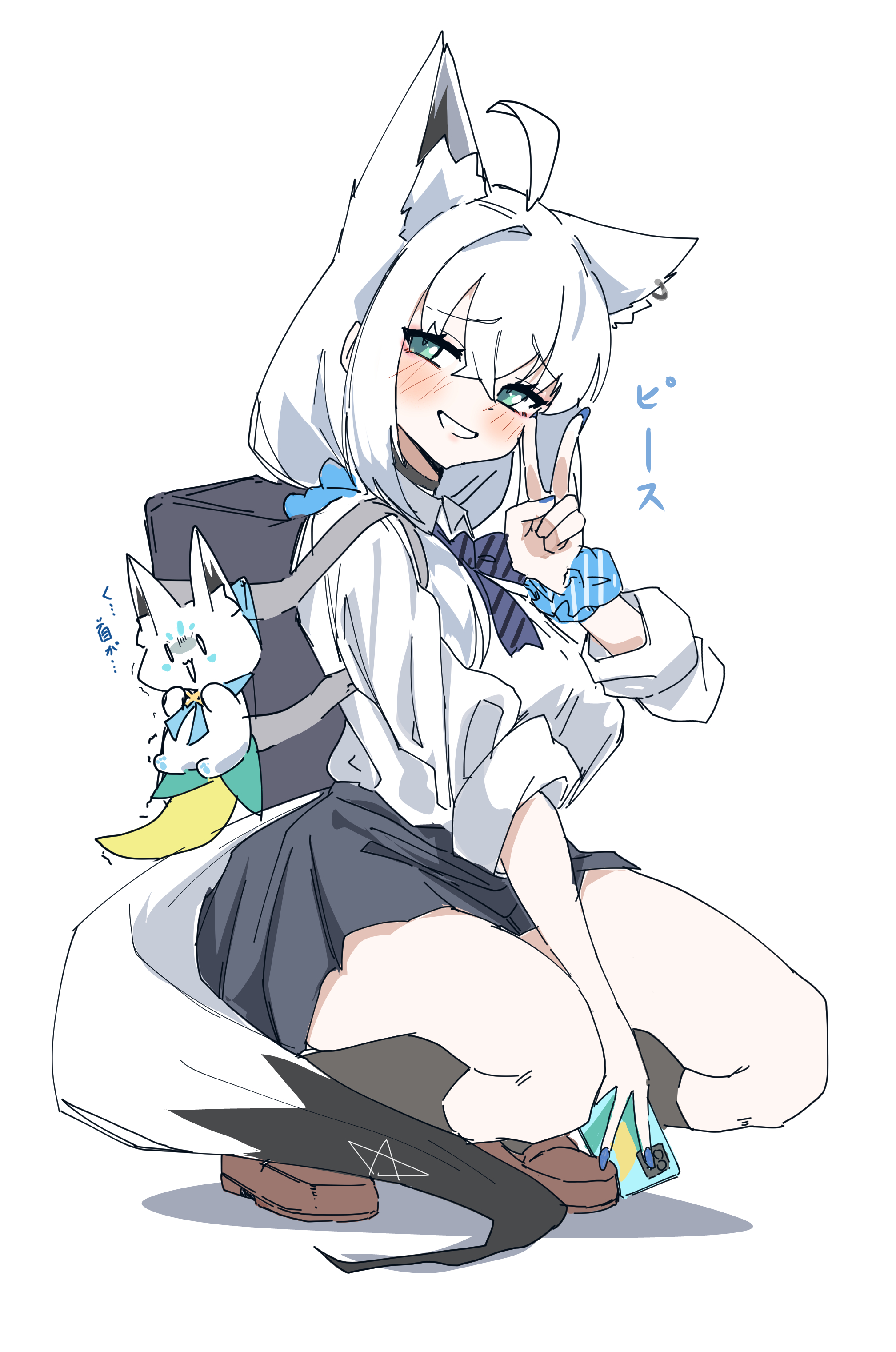 fumitonkatsu, shirakami fubuki, sukonbu (shirakami fubuki), hololive, absurdres, hashtag-only commentary, highres, 1girl, ahoge, alternate costume, animal ear fluff, animal ear piercing, animal ears, aqua eyes, bag, black skirt, black socks, blue bow, blue bowtie, blue nails, blush, bow, bowtie, braid, breasts, brown shoes, cellphone, crossed bangs, fingernails, fox ears, fox girl, fox tail, full body, grin, gyaru, hair between eyes, holding, holding phone, jaggy lines, large breasts, loafers, long hair, looking at viewer, pentagram, phone, piercing, pleated skirt, raised inner eyebrows, school bag, school uniform, scrunchie, shirt, shoes, sidelocks, simple background, skirt, sleeves rolled up, smartphone, smile, socks, solo, squatting, striped bow, striped bowtie, striped clothes, tail, thighs, trembling, two-tone tail, v, white background, white hair, white shirt, wrist scrunchie