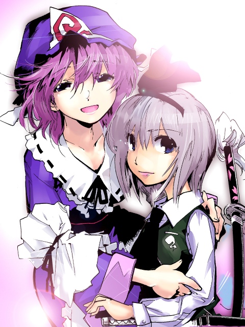 kuruwa (artist), teoshiguruma, konpaku youmu, saigyouji yuyuko, touhou, 2girls, female focus, happy, hug, katana, multiple girls, smile, sword, weapon