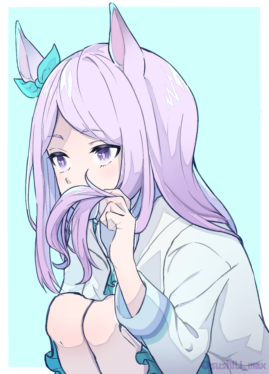 kadokura (sushiu max), mejiro mcqueen (umamusume), umamusume, commentary request, highres, 1girl, alternate costume, animal ears, aqua background, aqua bow, aqua skirt, border, bow, covered mouth, ear bow, ear ornament, from side, hand up, holding, holding own hair, horse ears, horse girl, knees, knees to chest, knees up, long hair, long sleeves, looking ahead, outside border, purple eyes, purple hair, shirt, simple background, sitting, skirt, solo, twitter username, upper body, white border, white shirt