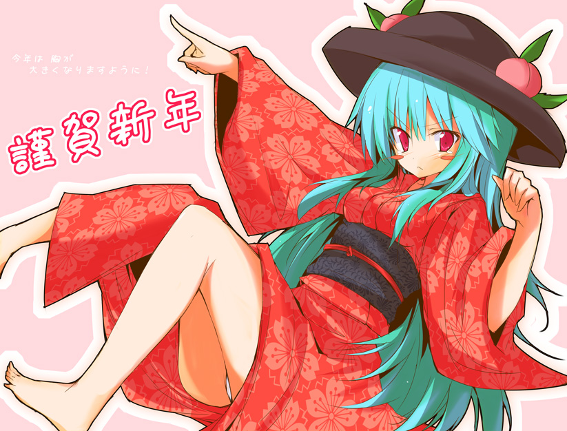 huei nazuki, hinanawi tenshi, touhou, >:<, 1girl, :<, barefoot, blush stickers, closed mouth, feet, female focus, hat, japanese clothes, kimono, panties, solo, underwear, v-shaped eyebrows