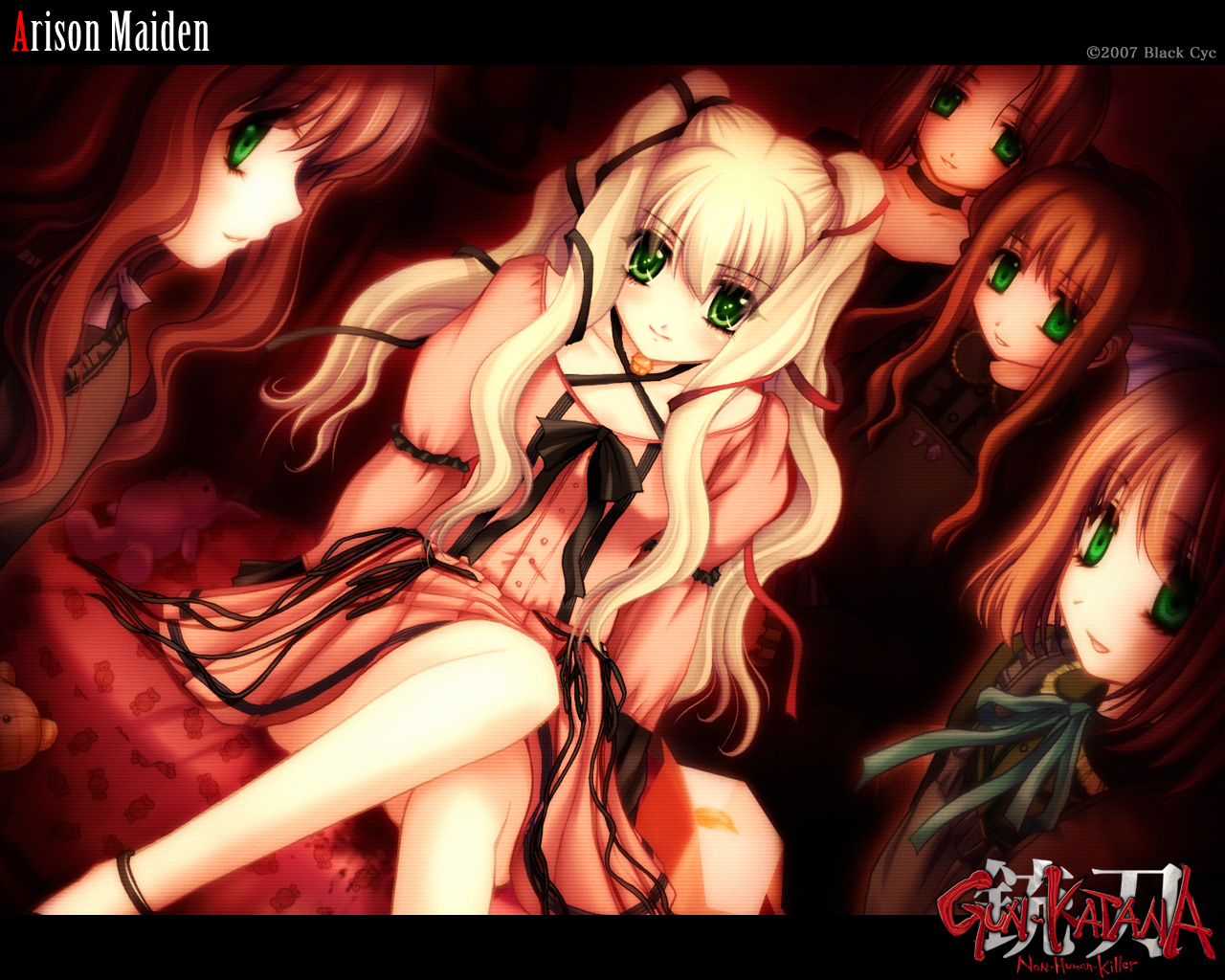 black cyc, gun katana, game cg, blonde hair, green eyes, psycho loli