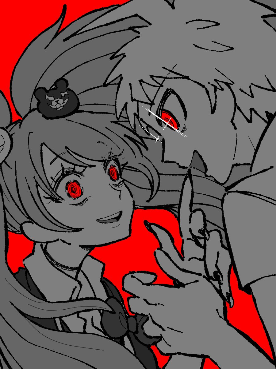 30en (esx5g), enoshima junko, hinata hajime, danganronpa (series), danganronpa 2: goodbye despair, commentary request, highres, 1boy, 1girl, greyscale with colored background, long hair, open mouth, parted lips, red background, short hair, simple background, smile, spot color, twintails