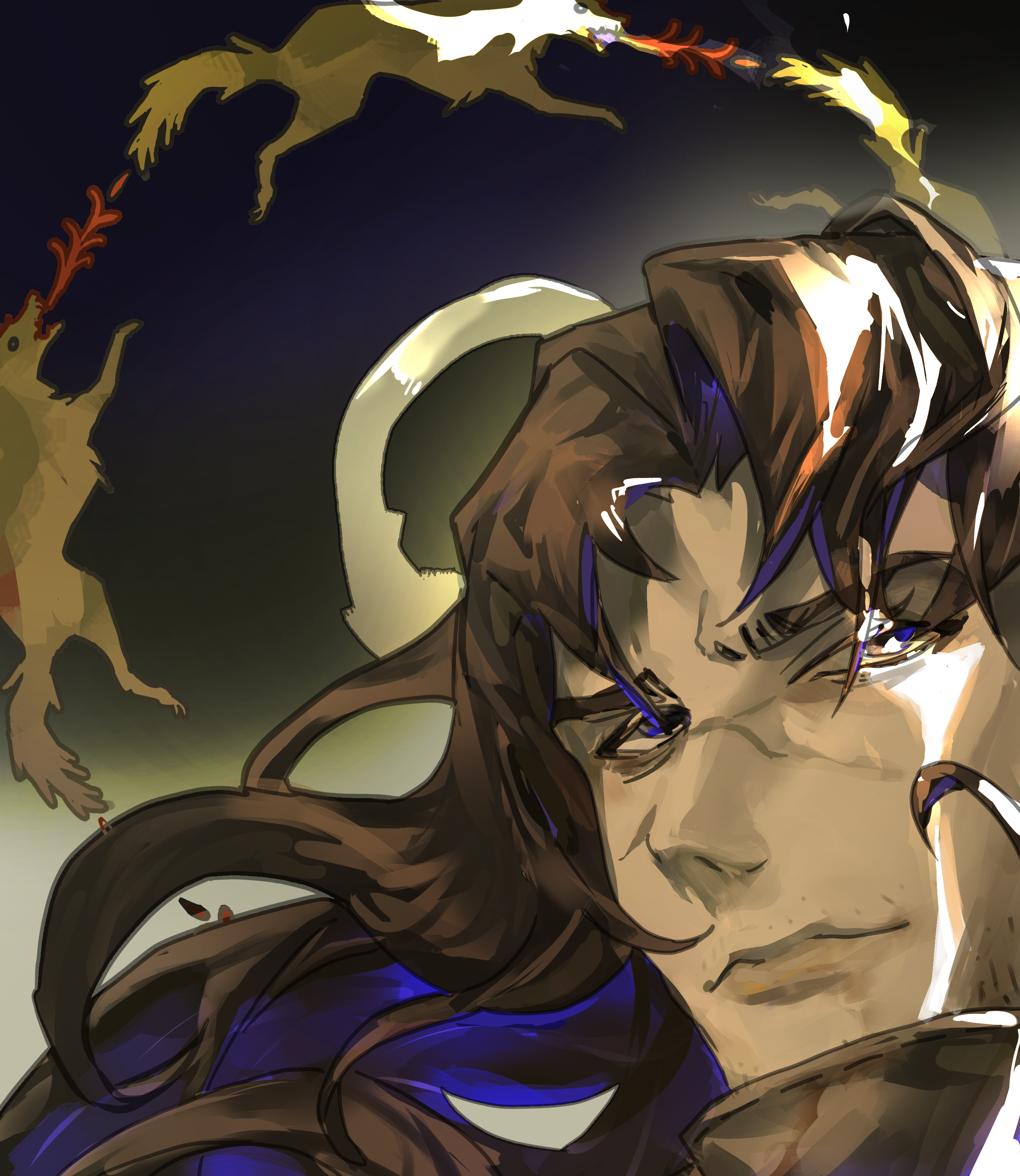 shoggoth (sirens20211), erlking heathcliff (project moon), limbus company, project moon, absurdres, commentary, highres, 1boy, backlighting, beard stubble, brown coat, brown hair, close-up, coat, curtained hair, facial hair, floating hair, hair over eyes, high collar, long hair, looking to the side, male focus, scar, scar on face, stubble, wolf