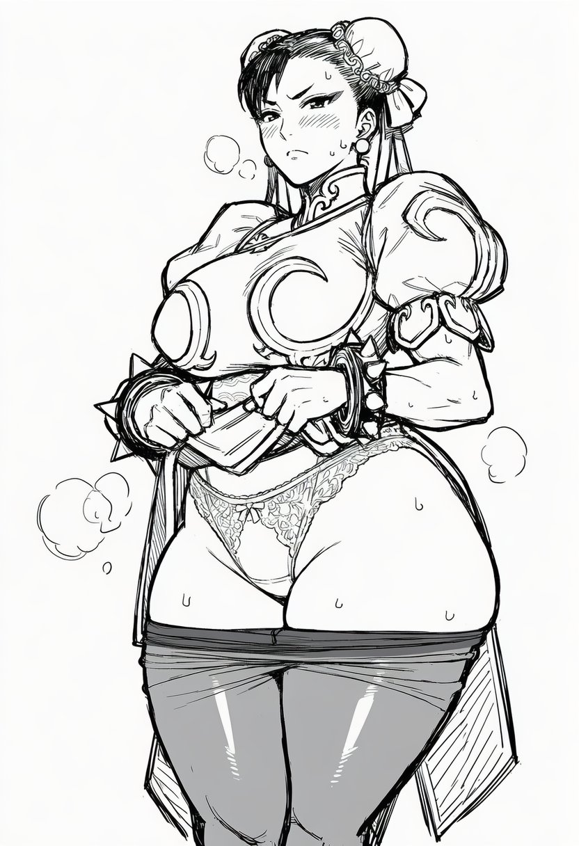 chun-li, capcom, street fighter, commentary request, highres, 1girl, aquaberrymarine, black hair, blush, bracelet, breasts, china dress, chinese clothes, clothes lift, clothes pull, double bun, dress, dress lift, earrings, eyeshadow, forehead, hair bun, hairband, jewelry, large breasts, legs, long hair, looking at viewer, makeup, monochrome, panties, pantyhose, pantyhose pull, pelvic curtain, pelvic curtain lift, simple background, steam, studded bracelet, sweat, thighs, underwear, white background