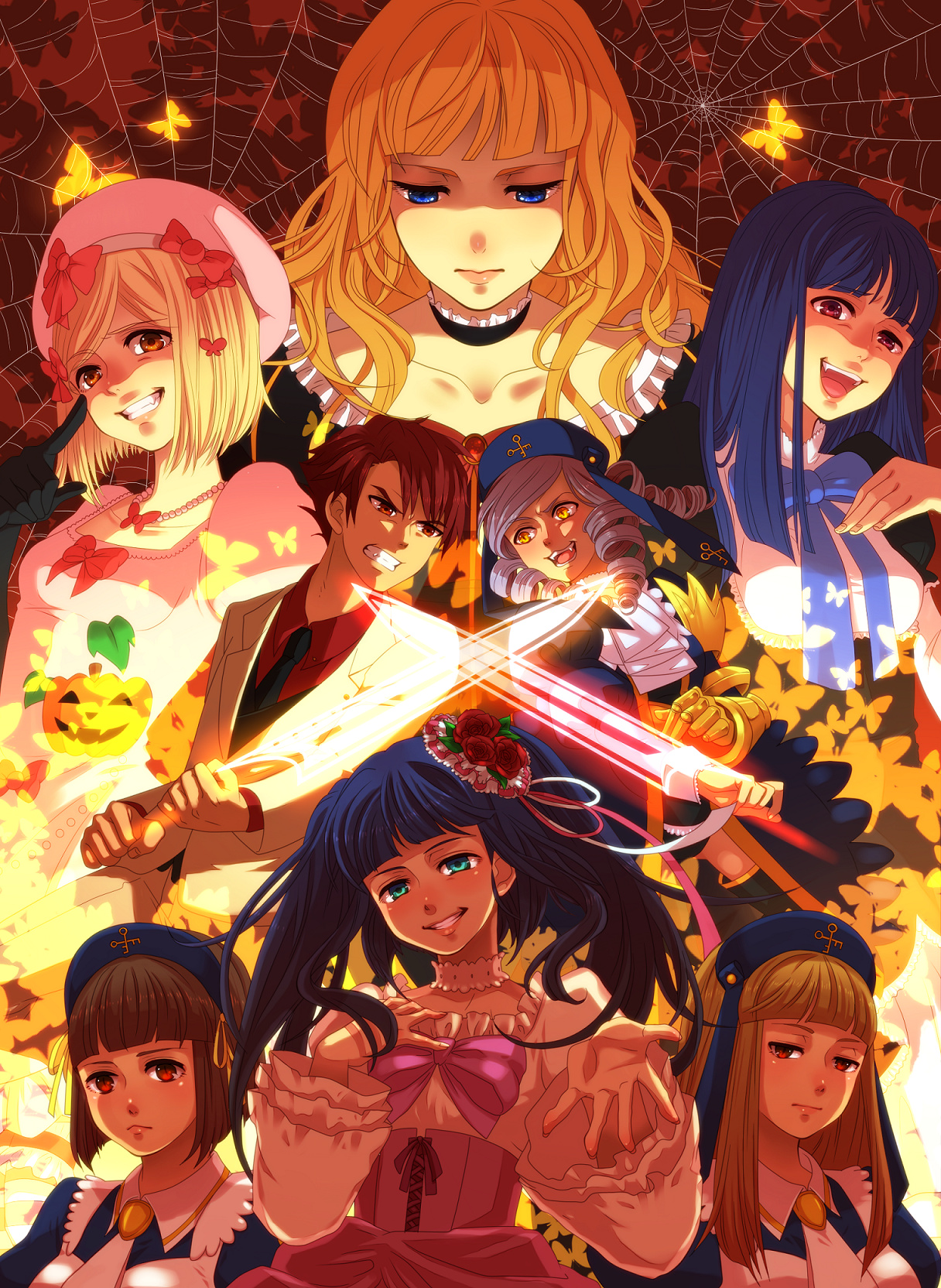 tim (tim411), beatrice (umineko), cornelia (umineko), dlanor a. knox, eiserne jungfrau, frederica bernkastel, furudo erika, gertrude (umineko), lambdadelta, ushiromiya battler, 07th expansion, no naku koro ni (series), umineko no naku koro ni, bad id, bad pixiv id, highres, 00s, 1boy, 6+girls, alternate hairstyle, blonde hair, blue eyes, blue hair, bow, brown hair, bug, butterfly, choker, drill hair, elbow gloves, gloves, hair bow, hair ornament, hat, insect, leotard, long hair, multiple girls, pink bow, pink hat, red eyes, red hair, short hair, silk, spider web, twintails, yellow eyes