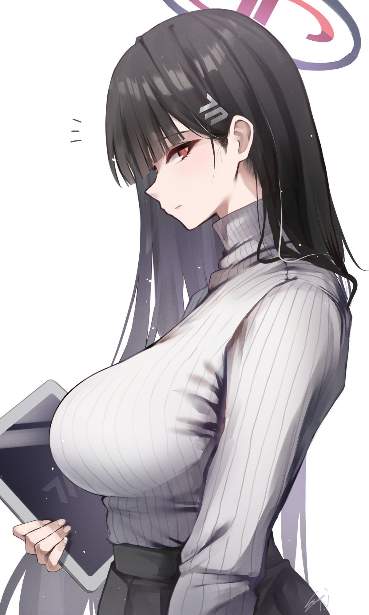 sea nami, rio (blue archive), blue archive, commentary request, highres, 1girl, black hair, black skirt, breasts, bright pupils, halo, holding, holding tablet pc, large breasts, long hair, long sleeves, looking at viewer, notice lines, red eyes, ribbed sweater, sideways glance, signature, simple background, skirt, solo, straight hair, sweater, sweater tucked in, tablet pc, very long hair, white background, white pupils, white sweater