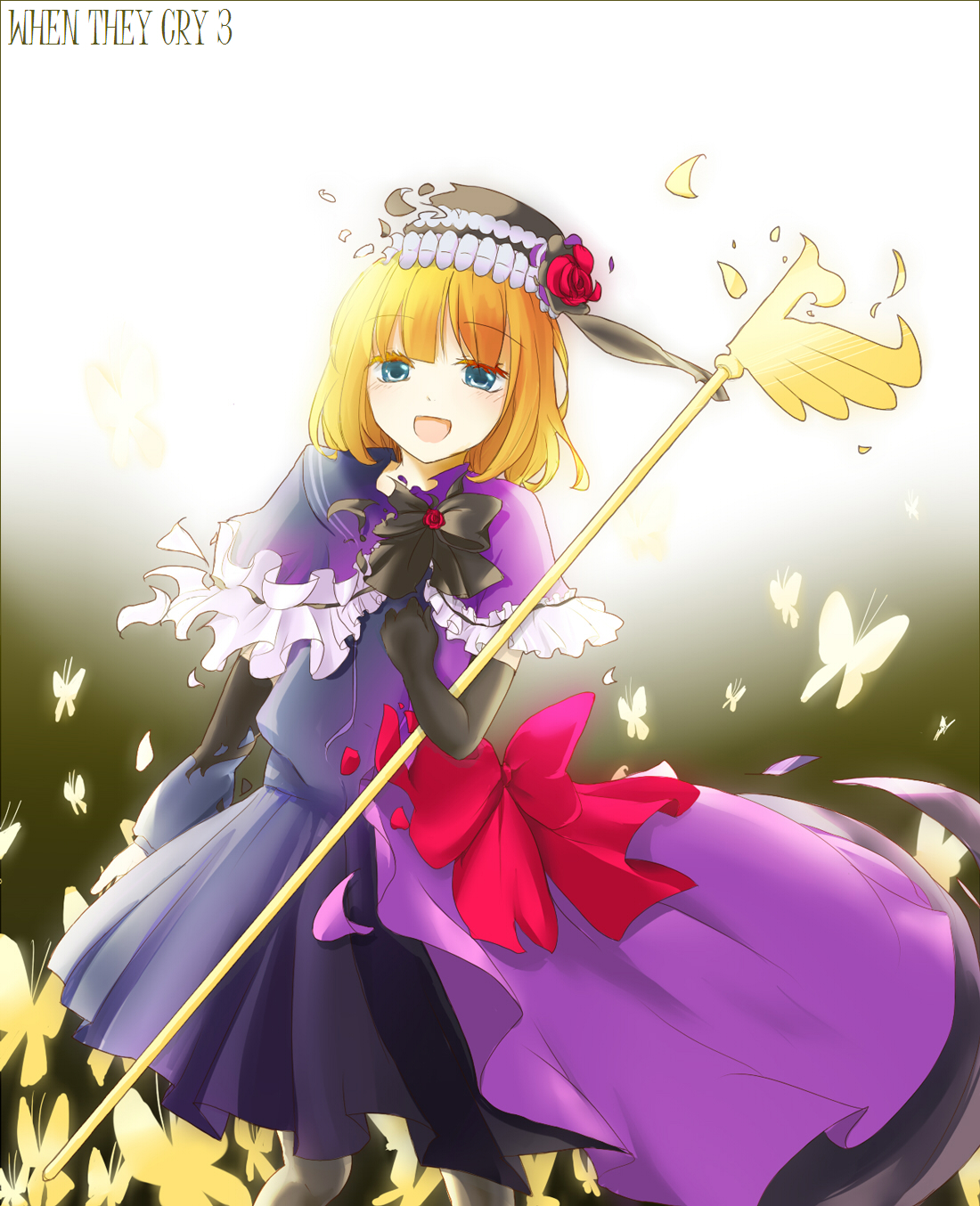 eva beatrice, umineko no naku koro ni, highres, 00s, blue eyes, bow, bug, butterfly, dress, elbow gloves, gloves, hat, orange hair, smile, staff