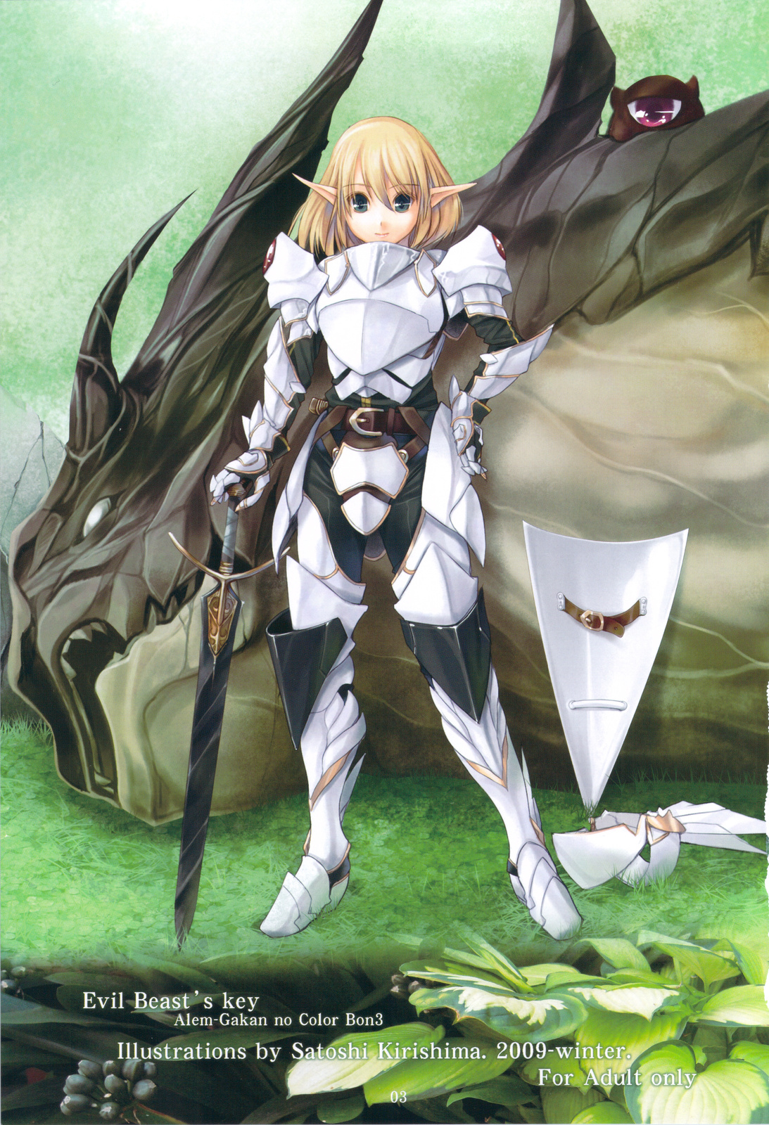 kirishima satoshi, highres, 1girl, armor, belt, blonde hair, blue eyes, boots, defeat, dragon, elf, female focus, gauntlets, green eyes, hands on own hips, knight, monster, pauldrons, plate armor, pointy ears, shield, shoulder armor, shoulder pads, solo, sword, weapon