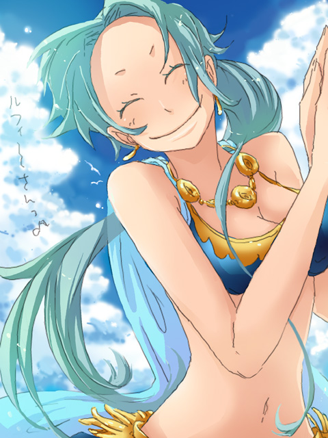 nyuu men, nefertari vivi, one piece, bad id, bad pixiv id, 1girl, alabasta, arabian clothes, bikini, blue hair, breasts, earrings, female focus, jewelry, princess, smile, solo, swimsuit