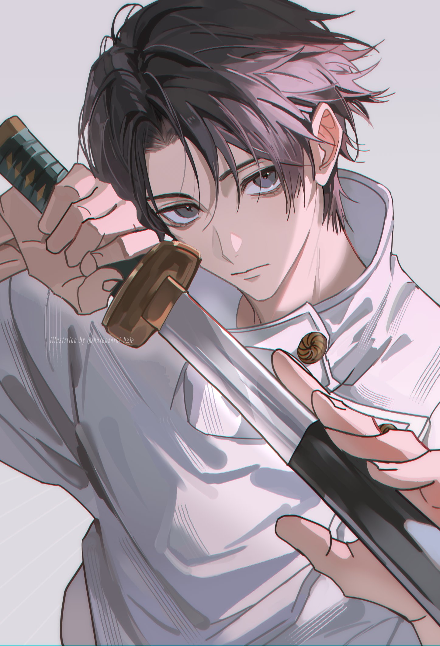 harenzero, okkotsu yuuta, jujutsu kaisen, commentary, highres, korean commentary, 1boy, :|, artist name, bags under eyes, black hair, buttons, close-up, closed mouth, curtained hair, curtains, facing viewer, grey background, grey eyes, hand up, head tilt, high collar, holding, holding sword, holding weapon, jacket, jujutsu tech uniform, katana, looking at viewer, looking to the side, male focus, parted bangs, school uniform, shadow, sheath, sheathed, short hair, sidelighting, sideways glance, simple background, solo, sword, twitter username, unsheathing, upper body, weapon, white jacket