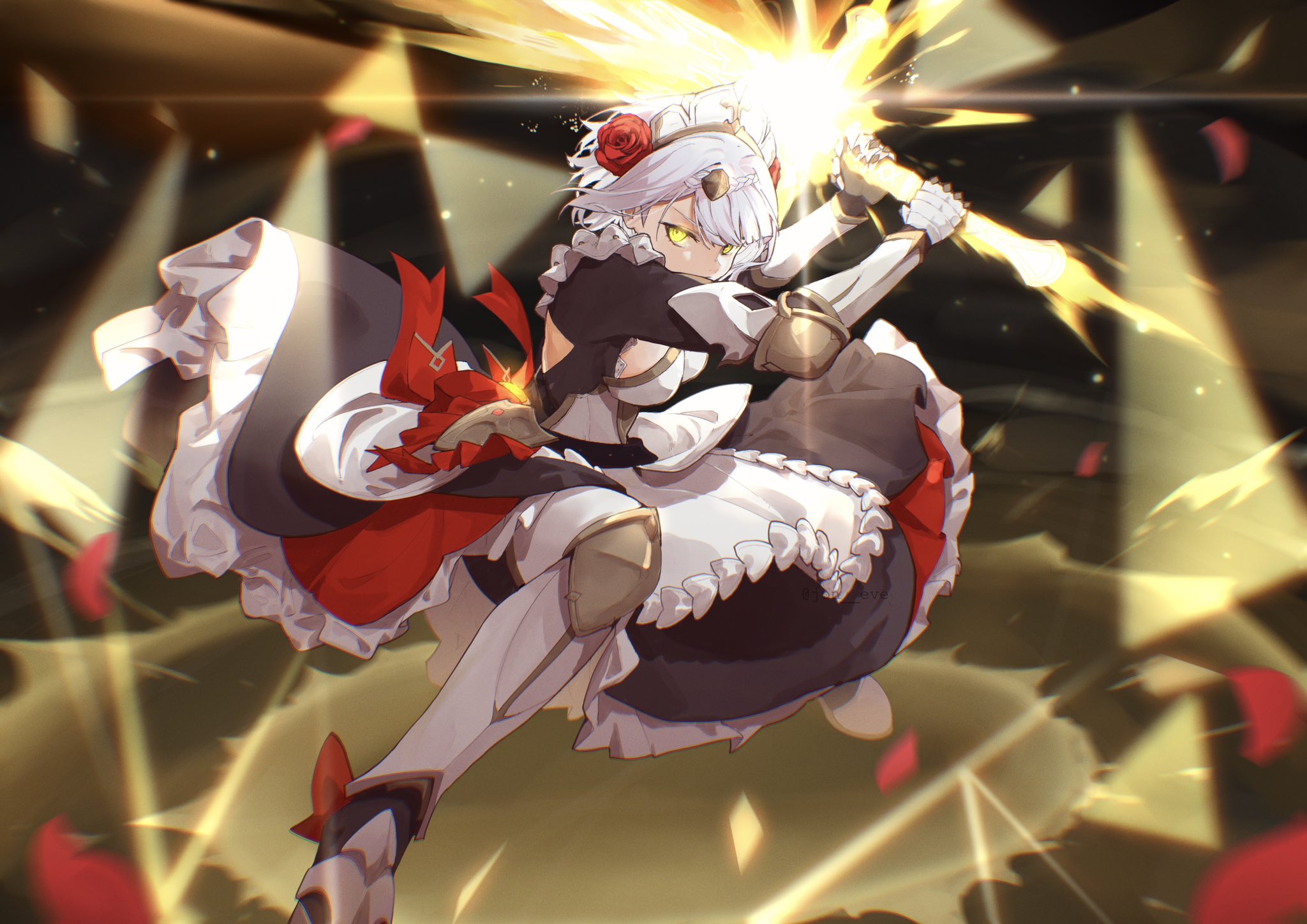 jon eve, noelle (genshin impact), genshin impact, commentary, english commentary, highres, 1girl, apron, armored boots, black dress, boots, braid, breasts, couter, crown braid, dress, energy sword, flower, gauntlets, glowing, glowing eyes, glowing sword, glowing weapon, hair flower, hair ornament, holding, holding sword, holding weapon, leg armor, maid, maid headdress, medium breasts, petals, poleyn, red flower, red petals, red rose, rose, shield hair ornament, short hair, solo, swinging weapon, sword, weapon, white apron, white hair, white headdress, yellow eyes