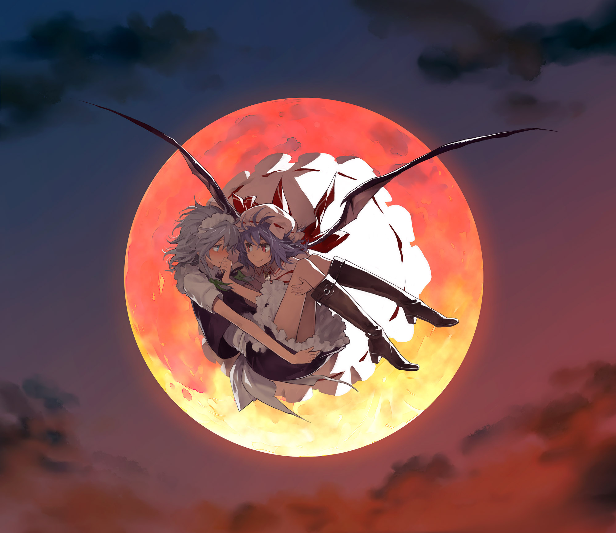 minakata sunao, izayoi sakuya, remilia scarlet, touhou, silver hair, highres, 2girls, bat wings, blue eyes, blue hair, blush, boots, braid, carrying, covering face, covering own mouth, covering privates, eye contact, female focus, flying, full moon, hat, high heels, looking at another, maid, moon, multiple girls, princess carry, red eyes, red moon, shoes, short hair, twin braids, wings, yuri