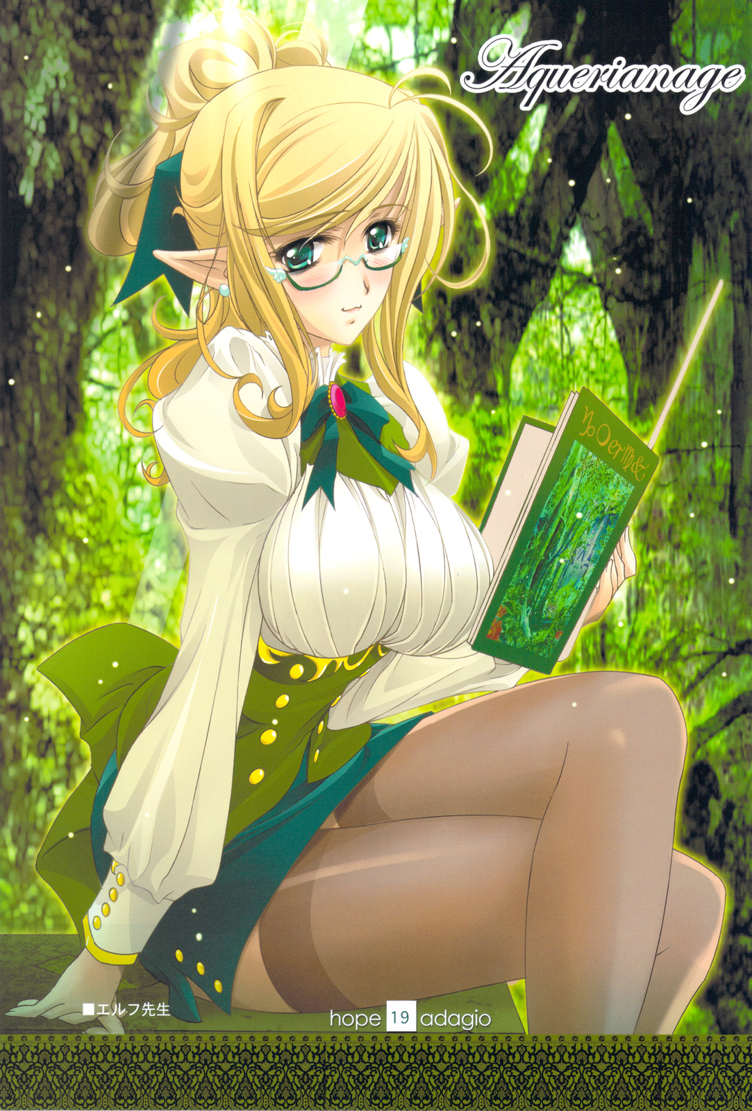 sugiyama genshou, aquarian age, eyebrows, highres, 00s, 1girl, blonde hair, blush, book, bow, breasts, brooch, closed mouth, copyright name, crossed legs, earrings, elf, eyelashes, female focus, glasses, green-framed eyewear, green eyes, holding, jewelry, large breasts, legs together, light rays, long hair, long pointy ears, long sleeves, looking at viewer, over-rim eyewear, pencil skirt, pointy ears, puffy sleeves, semi-rimless eyewear, sidelocks, sitting, skirt, smile, solo, sunbeam, sunlight, teacher, thighhighs, zettai ryouiki