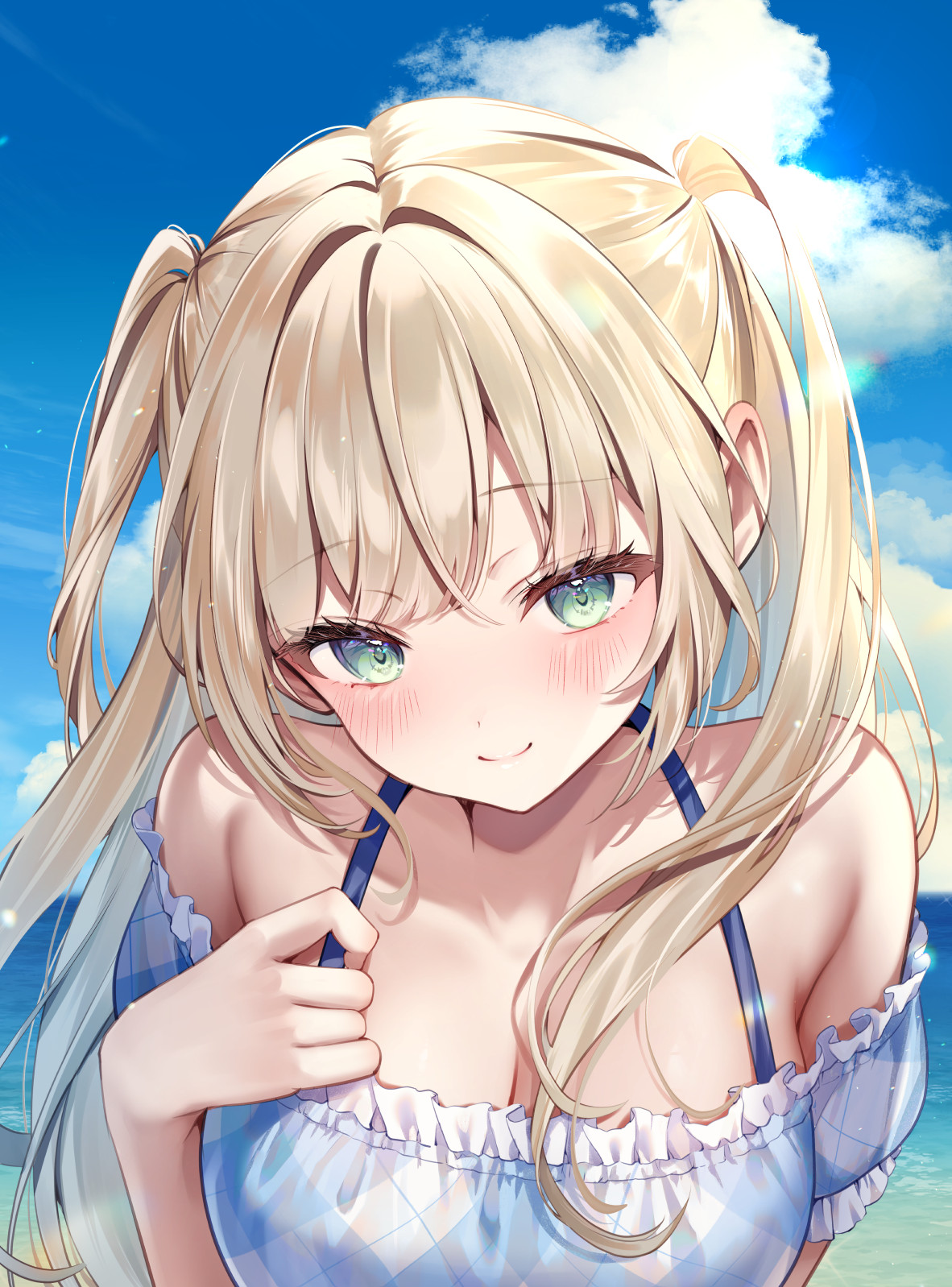 yugaa, commentary request, highres, 1girl, bare shoulders, beach, bikini, blonde hair, blue bikini, blue sky, blush, breasts, class no quarter bishoujo ga gimai ni natta. shiranai uchi ni kudoiteta., cleavage, closed mouth, cloud, collarbone, green eyes, large breasts, looking at viewer, nanase chloe, ocean, outdoors, sky, smile, solo, swimsuit, two side up, upper body, water