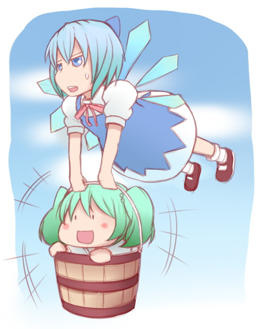 omacchi, cirno, kisume, touhou, bad id, bad pixiv id, 2girls, :d, bucket, carrying, in bucket, in container, laughing, multiple girls, open mouth, smile