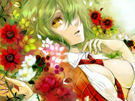 apt, ermer, ut (apt), kazami yuuka, touhou, bad id, bad pixiv id, lowres, 1girl, between breasts, breasts, cleavage, clothes between breasts, female focus, flower, green hair, hair over one eye, large breasts, lying, necktie, on back, open clothes, open shirt, parted lips, plaid clothes, plaid vest, red necktie, shirt, short hair, solo, upper body, vest, yellow eyes