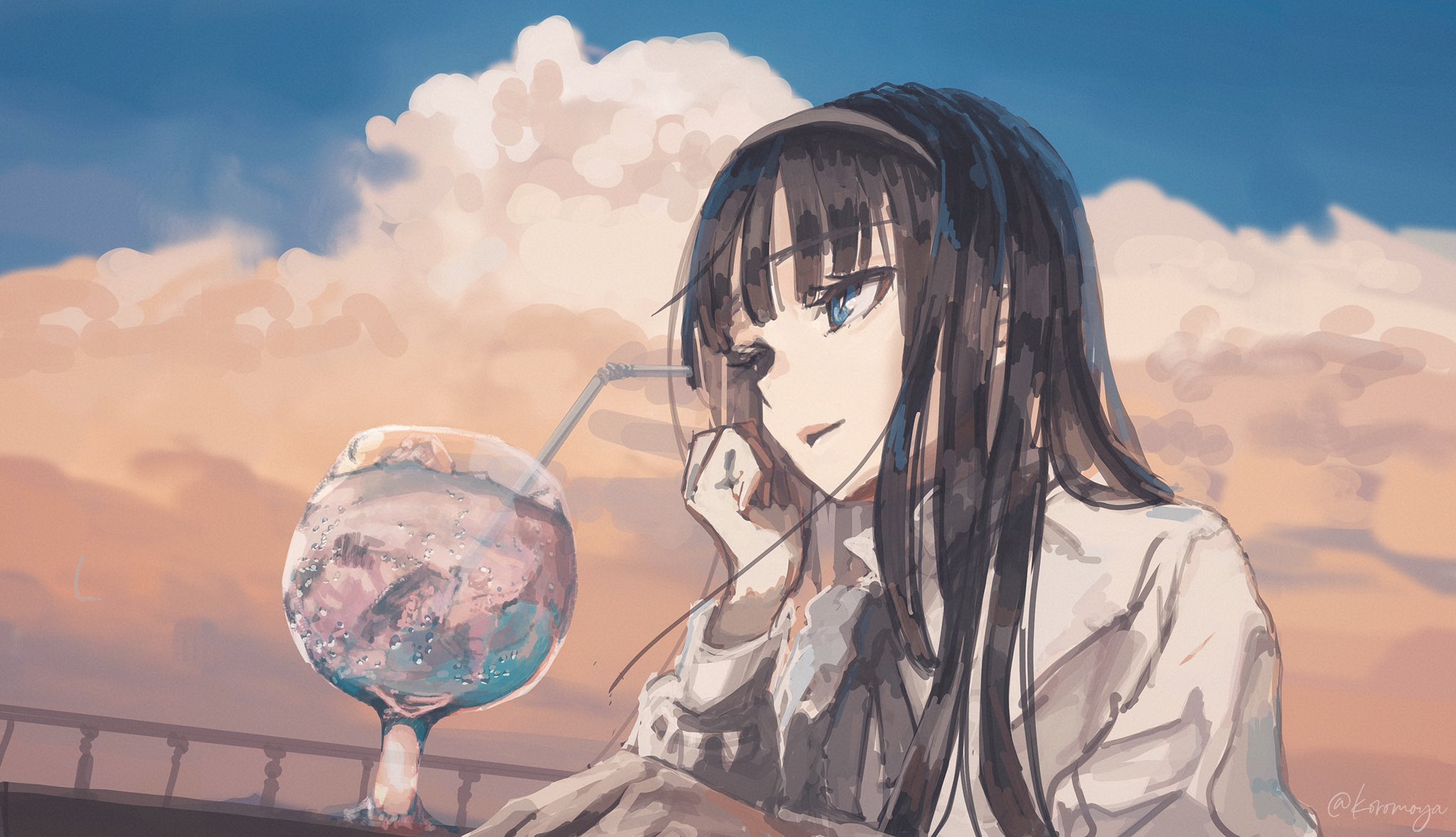 koromoya, tohno akiha, tsukihime, tsukihime (remake), commentary, commentary request, highres, 1girl, black hair, black hairband, black ribbon, blue eyes, blue sky, close-up, cloud, cloudy sky, collared shirt, cup, drinking glass, hairband, hand on own face, long hair, looking afar, neck ribbon, ribbon, shirt, sky, solo, white shirt