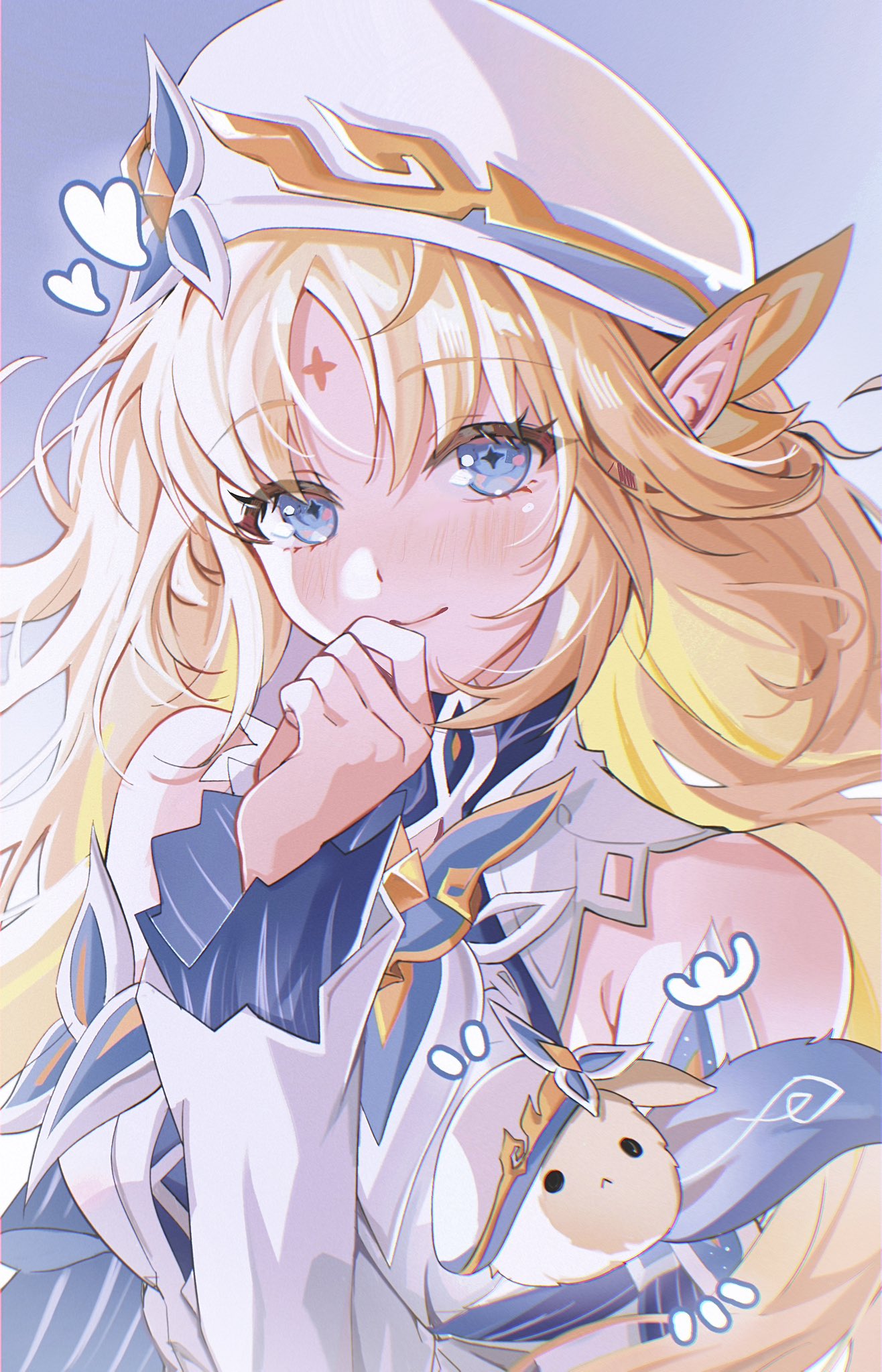 geumxxi, dodoco (genshin impact), nicole reeyn, genshin impact, hashtag-only commentary, highres, 1girl, bare shoulders, beret, blonde hair, blue background, blue eyes, blush, closed mouth, detached sleeves, dress, facial mark, forehead mark, hand up, hat, long hair, long sleeves, looking at viewer, pointy ears, smile, solo, symbol-shaped pupils, upper body, very long hair, white dress, white hat, white sleeves