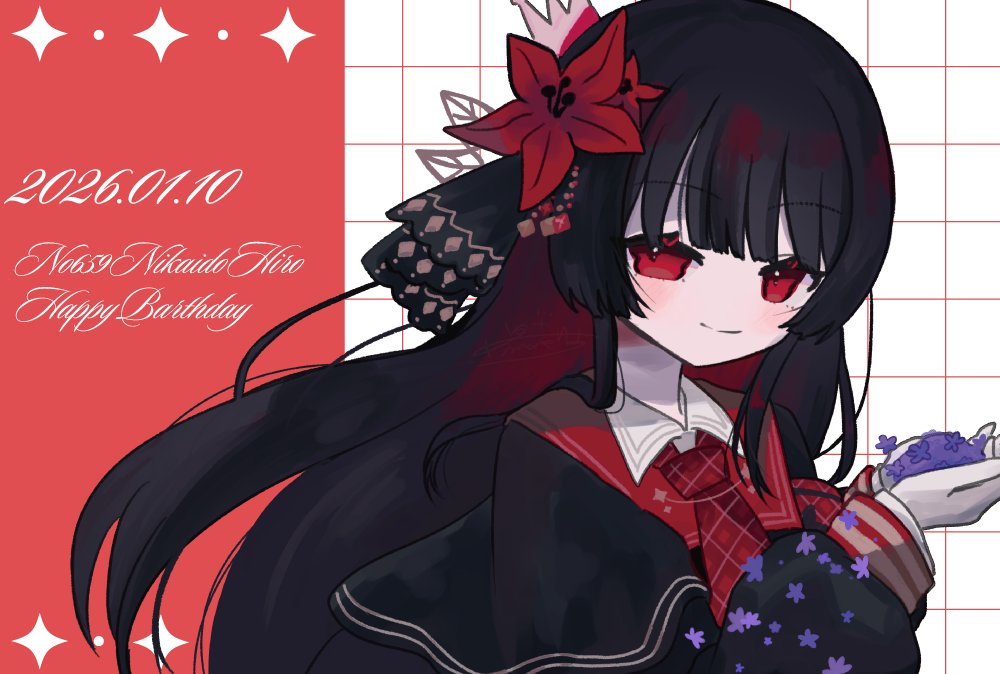 nikaido hiro, mahou shoujo no majo saiban, commentary request, 1girl, black capelet, black hair, black shirt, blunt bangs, capelet, closed mouth, dated, flower, hair flower, hair ornament, hands up, happy birthday, holding, holding flower, kuroi ria, long hair, long sleeves, looking at viewer, necktie, purple flower, red eyes, red flower, red necktie, shirt, smile, solo, upper body