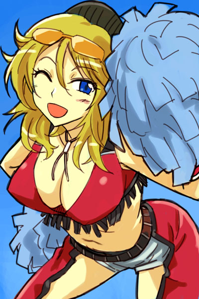 michael f91, elite beat divas, starr, elite beat agents, osu! tatakae! ouendan, 1girl, blonde hair, blue eyes, blush, breasts, cheerleader, cleavage, female focus, fringe trim, large breasts, long hair, midriff, one eye closed, open mouth, pom pom (cheerleading), solo, sunglasses, wink
