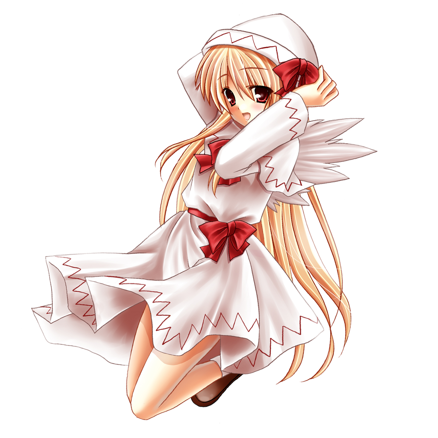 kirihara natsuki, lily white, touhou, bad id, bad pixiv id, highres, 1girl, blonde hair, bow, dress, female focus, full body, hat, long hair, red eyes, smile, solo, transparent background, white background, wings