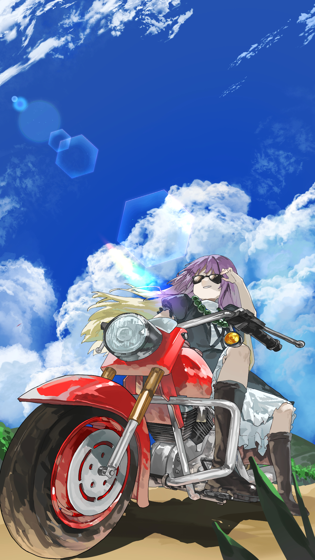 kori (pixiv 27692799), hijiri byakuren, touhou, chinese commentary, commentary request, highres, 1girl, black dress, blonde hair, blue sky, boots, brown boots, cloud, day, dress, gradient hair, knee boots, layered dress, lens flare, long hair, motor vehicle, motorcycle, multicolored hair, outdoors, purple hair, riding, sitting, sky, smile, solo, sunglasses, vehicle focus, white dress