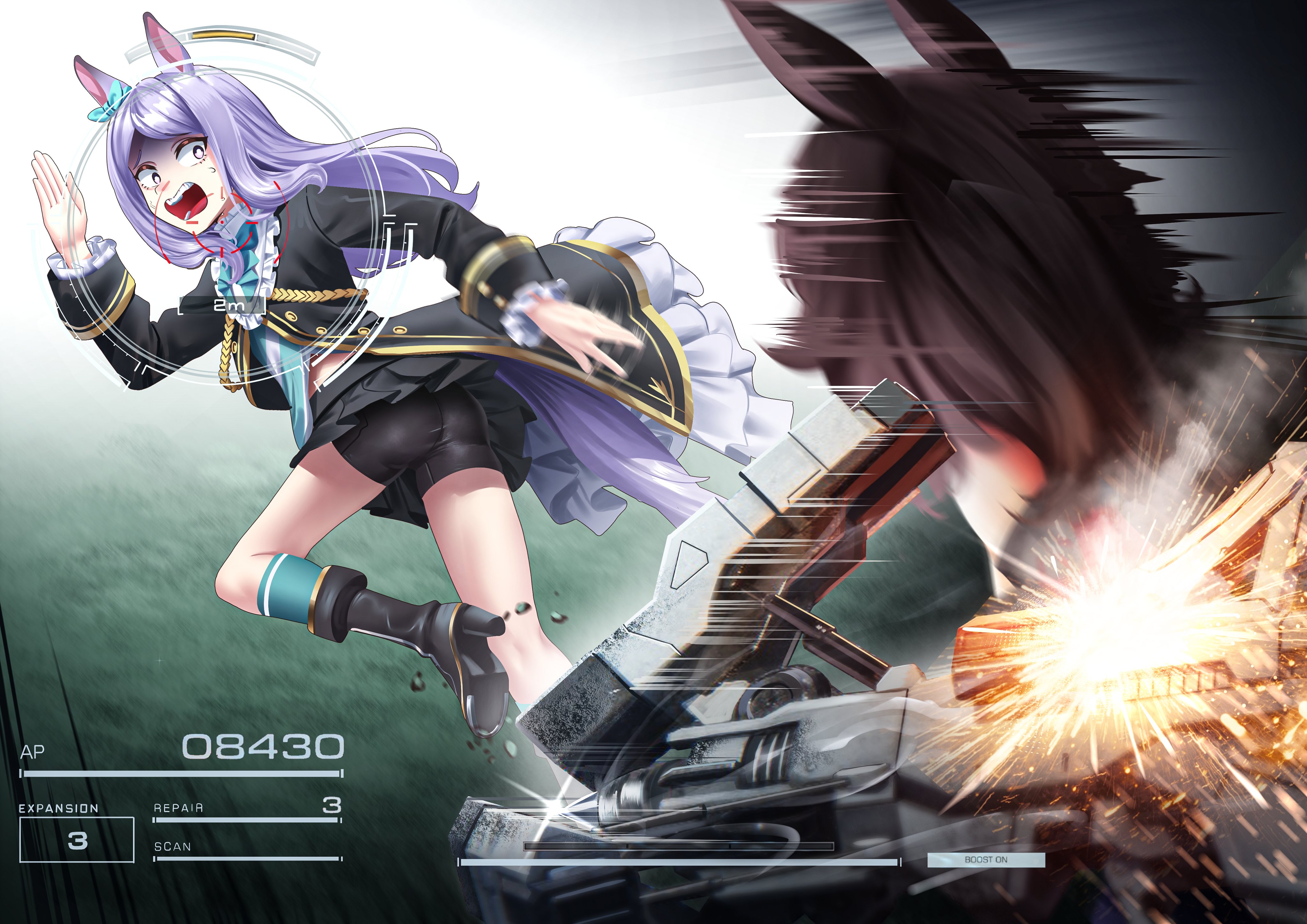 manjo (warito), mejiro mcqueen (frontline elegance) (umamusume), mejiro mcqueen (umamusume), rice shower (umamusume), umamusume, absurdres, commentary, english commentary, highres, 2girls, animal ears, aqua bow, aqua bowtie, aqua ribbon, aqua socks, black boots, black jacket, black shorts, black skirt, boots, bow, bowtie, brown hair, coat, ear bow, ear ribbon, frilled coat, frilled jacket, frills, green bow, green bowtie, green socks, horse ears, horse girl, horse tail, jacket, long hair, long sleeves, multiple girls, open mouth, pleated skirt, purple eyes, purple hair, ribbon, running, shirt, shorts, shorts under skirt, skirt, socks, tail, teeth, upper teeth only, weapon