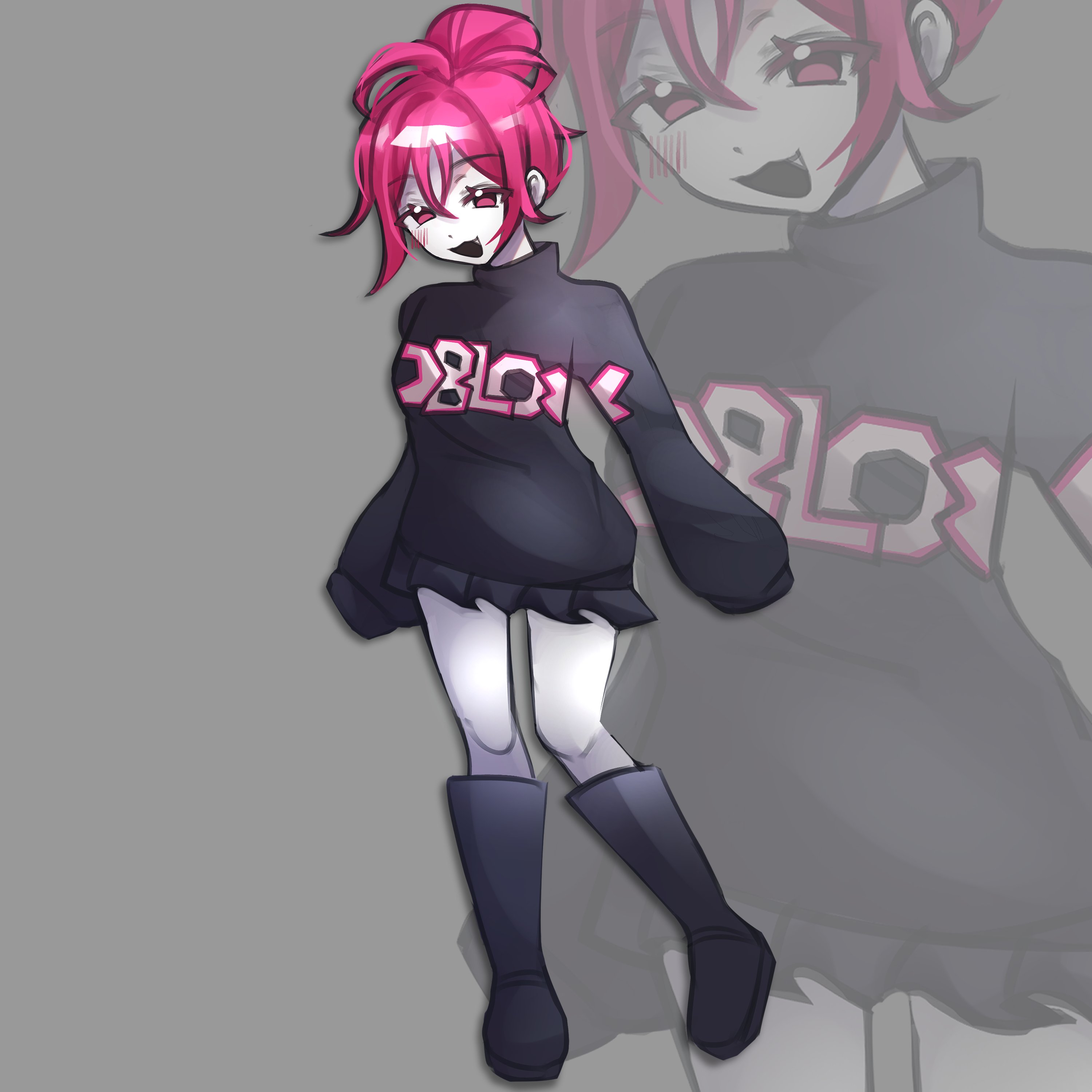 himochuu, roblox, absurdres, commentary, highres, symbol-only commentary, 1girl, :3, black boots, black skirt, black sweater, blush stickers, boots, breasts, colored skin, copyright name, fang, fang out, full body, grey background, guest (roblox), hair between eyes, high ponytail, looking at viewer, miniskirt, multiple views, open mouth, pink eyes, pink hair, ponytail, short hair, simple background, skirt, sleeves past fingers, sleeves past wrists, small breasts, sweater, white skin