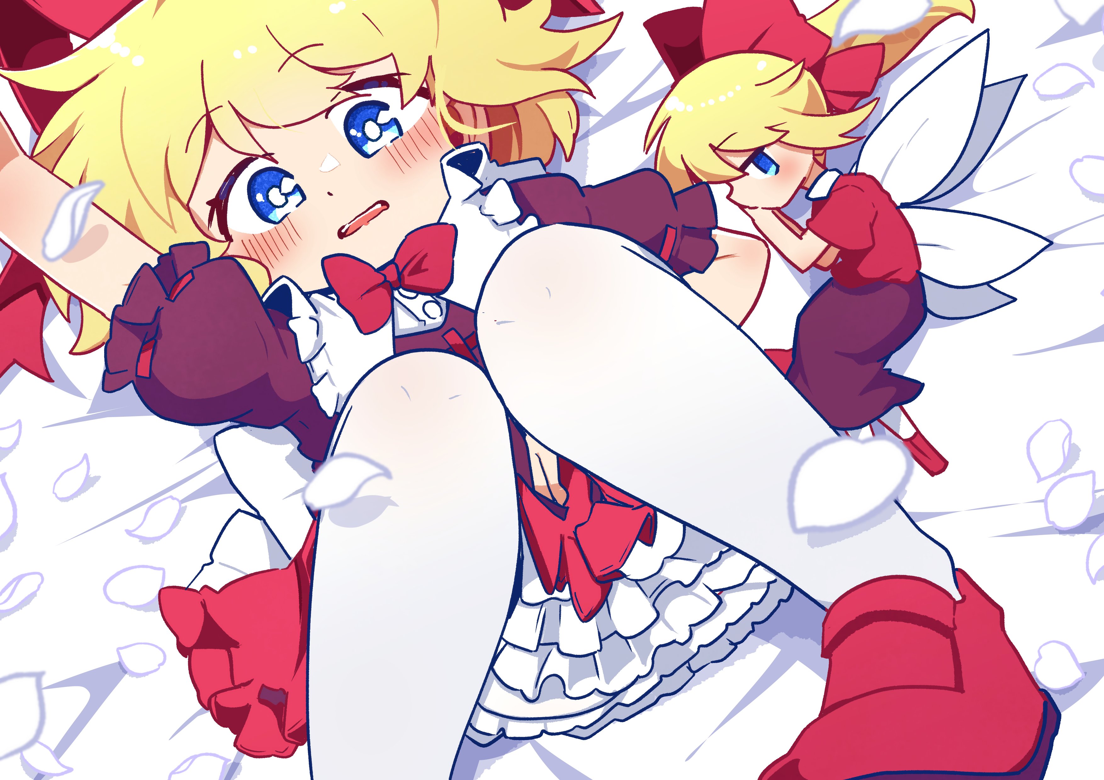 kanisawa yuuki, medicine melancholy, su-san, touhou, absurdres, commentary request, highres, 2girls, bed, black shirt, black skirt, blonde hair, blue eyes, blush, bow, cherry blossoms, fairy wings, frilled shirt collar, frilled skirt, frills, legs, lying, mini person, minigirl, multiple girls, no mouth, on bed, open mouth, pantyhose, ponytail, puffy short sleeves, puffy sleeves, red bow, red ribbon, red shirt, red shoes, red skirt, ribbon, shirt, shoes, short hair, short sleeves, skirt, white pantyhose, wings