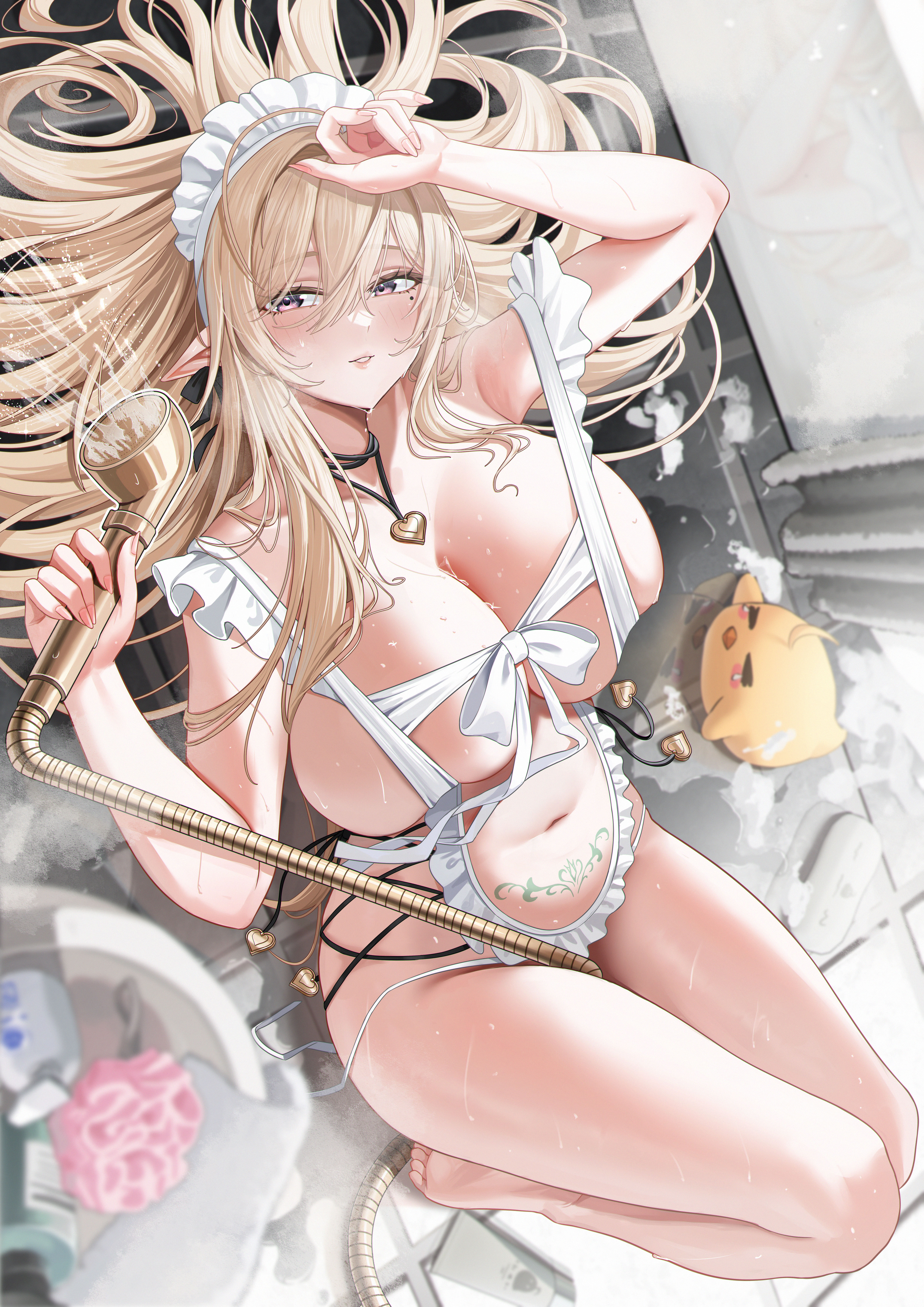 amam (64943468), gouden leeuw (an intimate cleaning) (azur lane), gouden leeuw (azur lane), manjuu (azur lane), azur lane, absurdres, commentary request, highres, 1girl, :o, apron, bar soap, barefoot, blonde hair, blurry, blurry foreground, breasts, depth of field, double-parted bangs, fingernails, frilled apron, frills, full body, hair between eyes, hair spread out, hands up, heart pendant, holding, holding shower head, huge breasts, indoors, knees up, long bangs, long hair, looking at viewer, lying, maid headdress, mole, mole under eye, naked apron, navel, official alternate costume, on back, parted lips, pink eyes, pubic tattoo, revealing clothes, shower (place), shower head, solo, stomach, tattoo, tile floor, tiles, water, water drop, wet