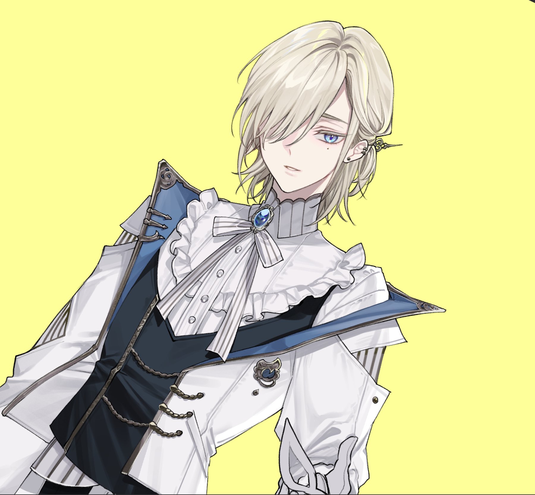 da jins rins, original, blue gem, highres, 1boy, black vest, blue eyes, brooch, clock hands, colored eyelashes, contrast lapels, dress shirt, dutch angle, ear piercing, earrings, frilled shirt, frills, gem, hair ornament, hair over one eye, half updo, jacket, jewelry, lapels, looking at viewer, male focus, medium hair, mole, mole under eye, neck ribbon, one eye covered, open clothes, open jacket, parted lips, piercing, ribbon, ring piercing, shirt, simple background, single off shoulder, solo, striped ribbon, stud earrings, thai commentary, upper body, vest, white jacket, white ribbon, white shirt, yellow background