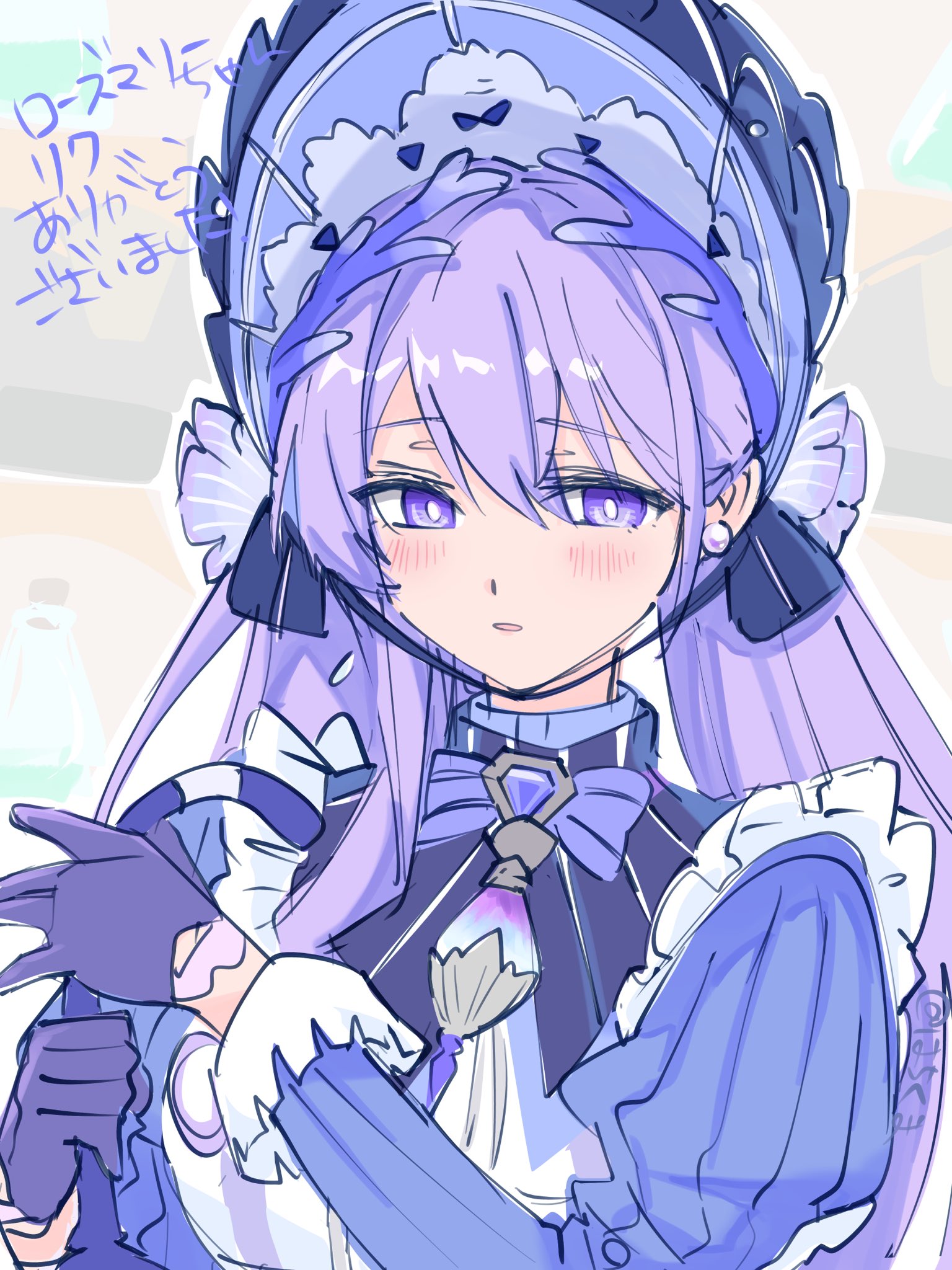 hachikuma z, rosemary (wuthering waves), wuthering waves, commentary request, highres, 1girl, bonnet, gloves, light blush, long hair, long sleeves, looking at viewer, parted lips, purple bonnet, purple eyes, purple gloves, purple hair, solo, upper body