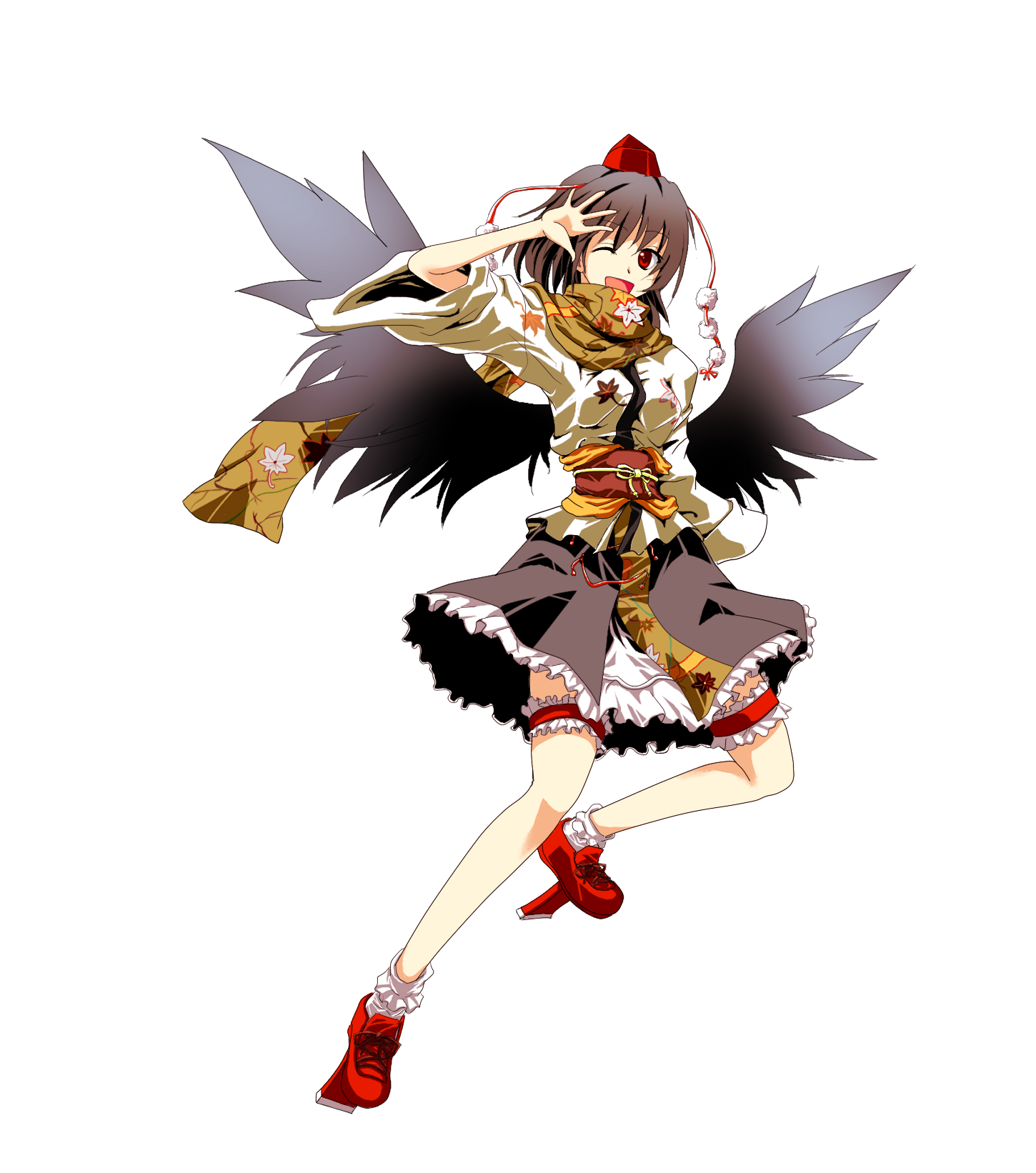 chaigidhiell, shameimaru aya, touhou, highres, 1girl, black hair, black wings, female focus, full body, geta, hat, looking at viewer, open mouth, red eyes, ribbon, scarf, short hair, skirt, smile, solo, tengu-geta, tokin hat, transparent background, wings