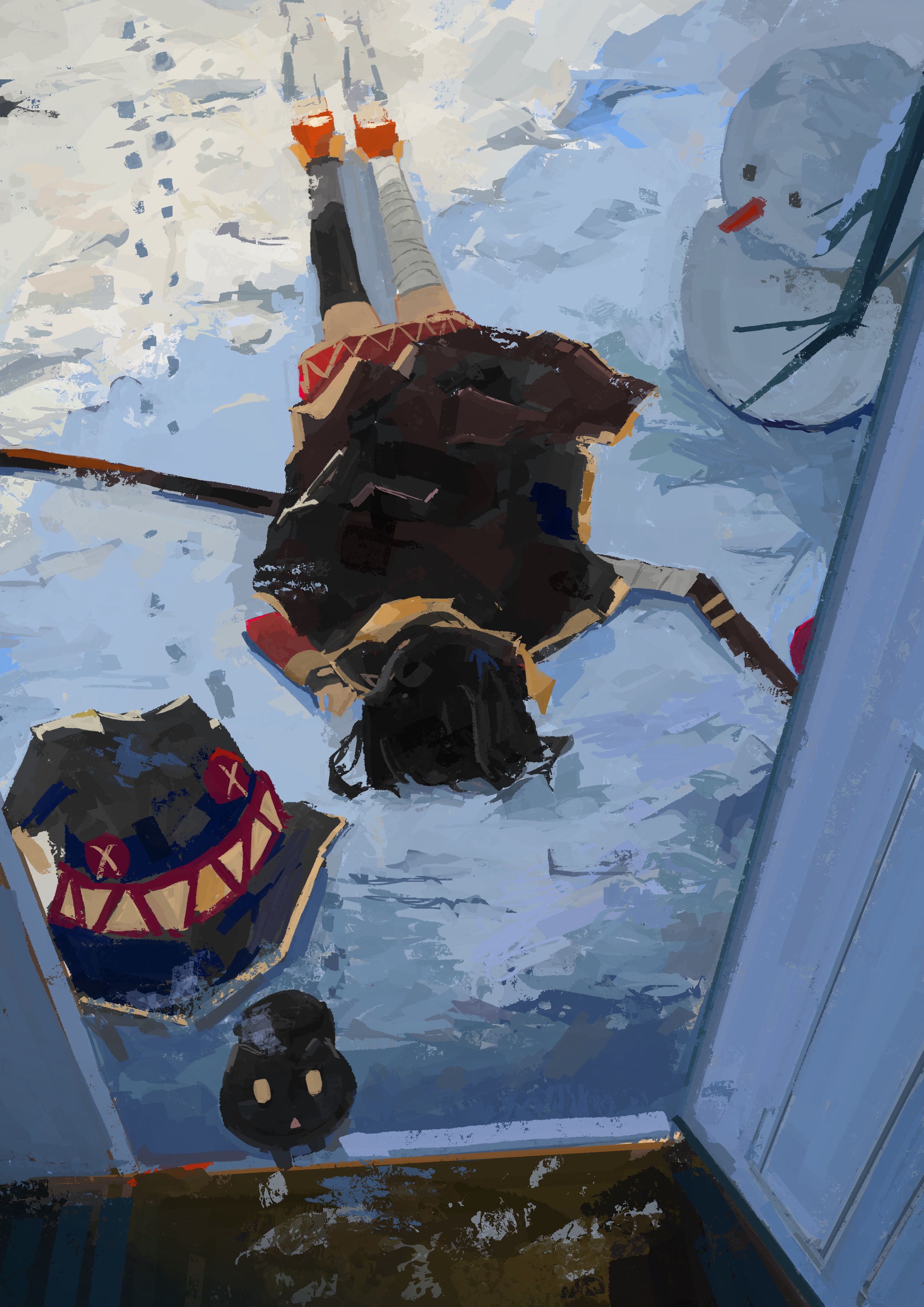 koukouya, chomusuke, megumin, kono subarashii sekai ni shukufuku wo!, absurdres, commentary request, highres, asymmetrical legwear, bandaged leg, bandages, brown hair, cape, cat, doorway, dress, fingerless gloves, gloves, hat, mismatched legwear, open door, pov, red dress, red prison magic school uniform, school uniform, single thighhigh, snow, snowman, staff, thighhighs, witch hat