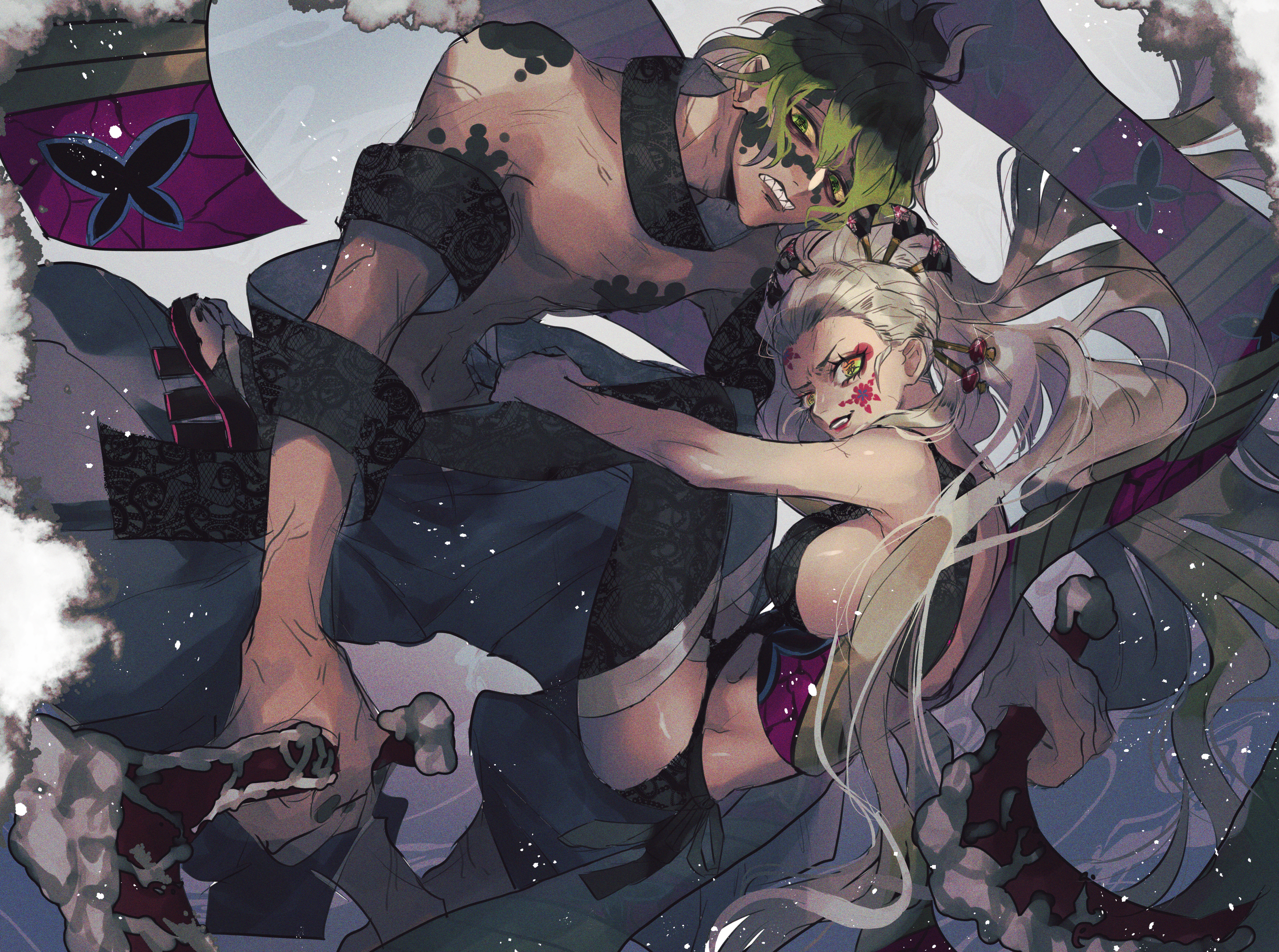 ou syoku7, daki (kimetsu no yaiba), gyuutarou (kimetsu no yaiba), kimetsu no yaiba, absurdres, commentary request, highres, 1boy, 1girl, black hair, black panties, breasts, brother and sister, colored skin, demon boy, demon girl, facial mark, gradient hair, green eyes, green hair, holding, holding scythe, large breasts, multicolored hair, panties, sash, scythe, sharp teeth, siblings, teeth, underwear, white hair, white skin