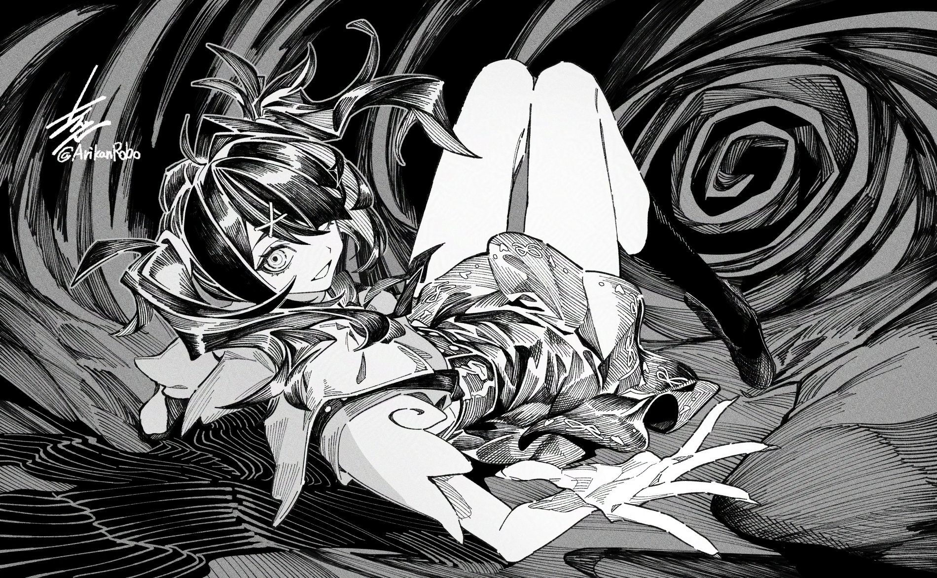 arikanrobo, ame-chan (needy girl overdose), needy girl overdose, highres, 1girl, full body, greyscale, looking at viewer, monochrome, skirt, smile, solo, suspender skirt, suspenders, swirl, twintails