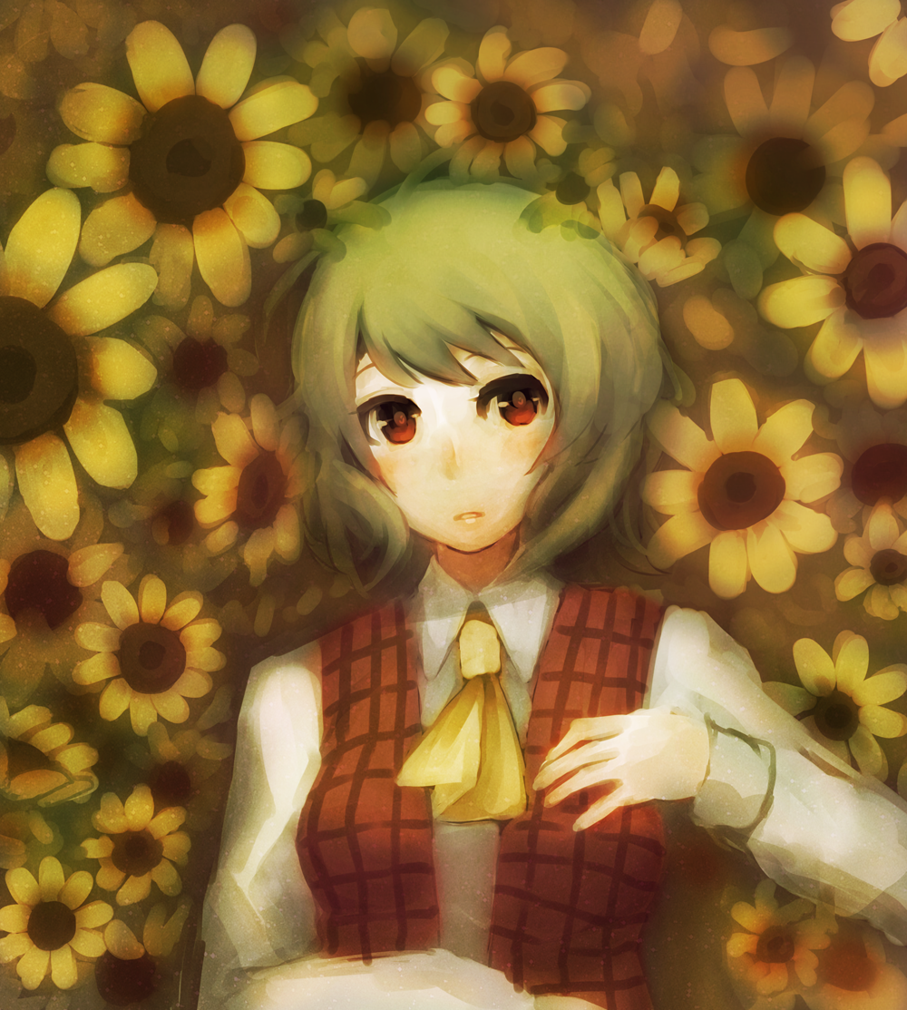 weee (raemz), kazami yuuka, touhou, 1girl, ascot, blush, female focus, flower, green hair, plaid clothes, plaid vest, red eyes, short hair, solo, sunflower, vest