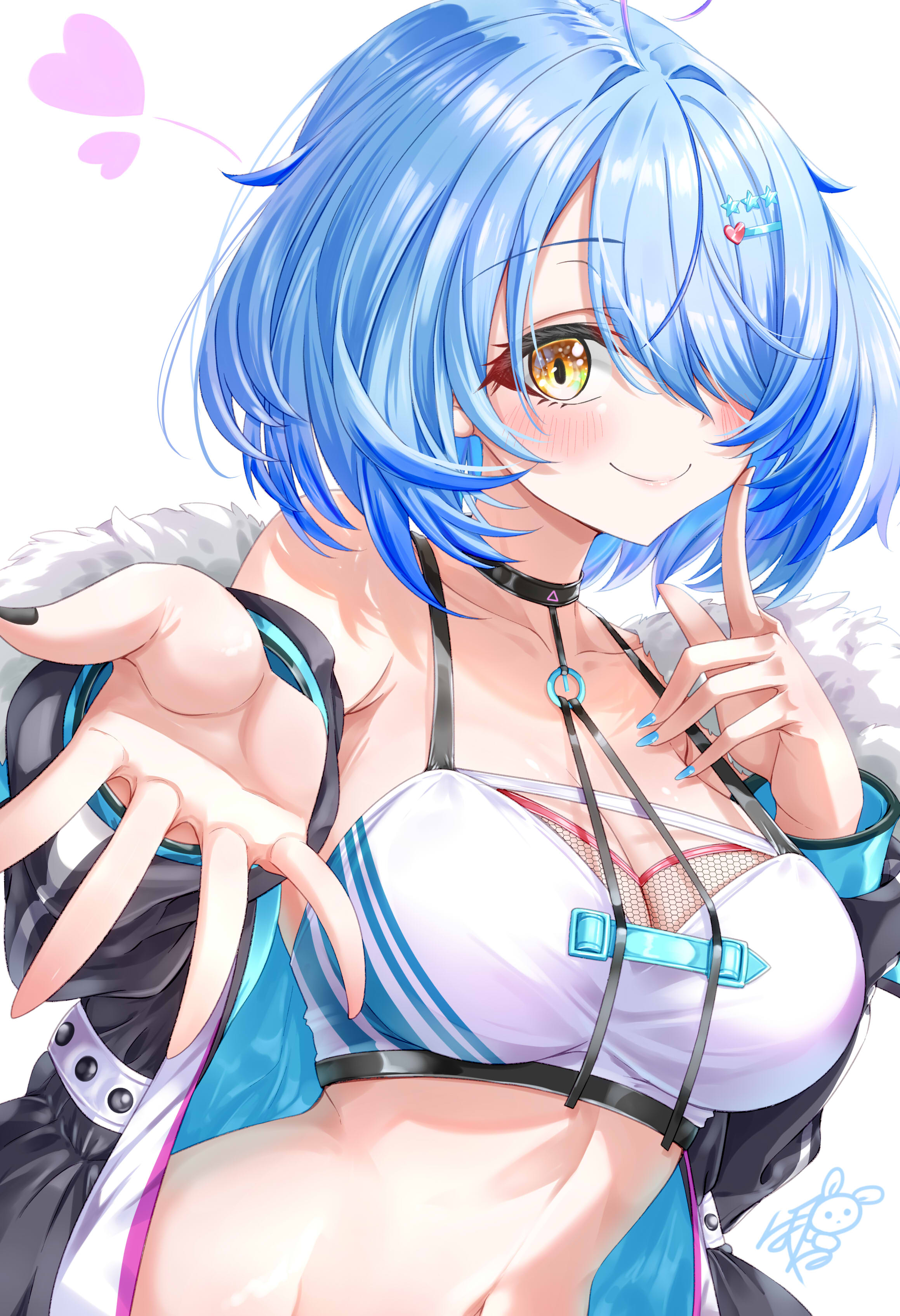 ayakase hotaru, yukihana lamy, yukihana lamy (cyber), hololive, absurdres, commentary request, highres, 1girl, armpit crease, black jacket, black nails, blue hair, blue nails, blush, bra, breasts, cleavage, closed mouth, collarbone, elf, finger to cheek, fingernails, hair over one eye, jacket, large breasts, long sleeves, looking at viewer, nail polish, official alternate costume, pointy ears, short hair, simple background, single bare shoulder, single off shoulder, smile, solo, underwear, upper body, virtual youtuber, white background, white bra, yellow eyes