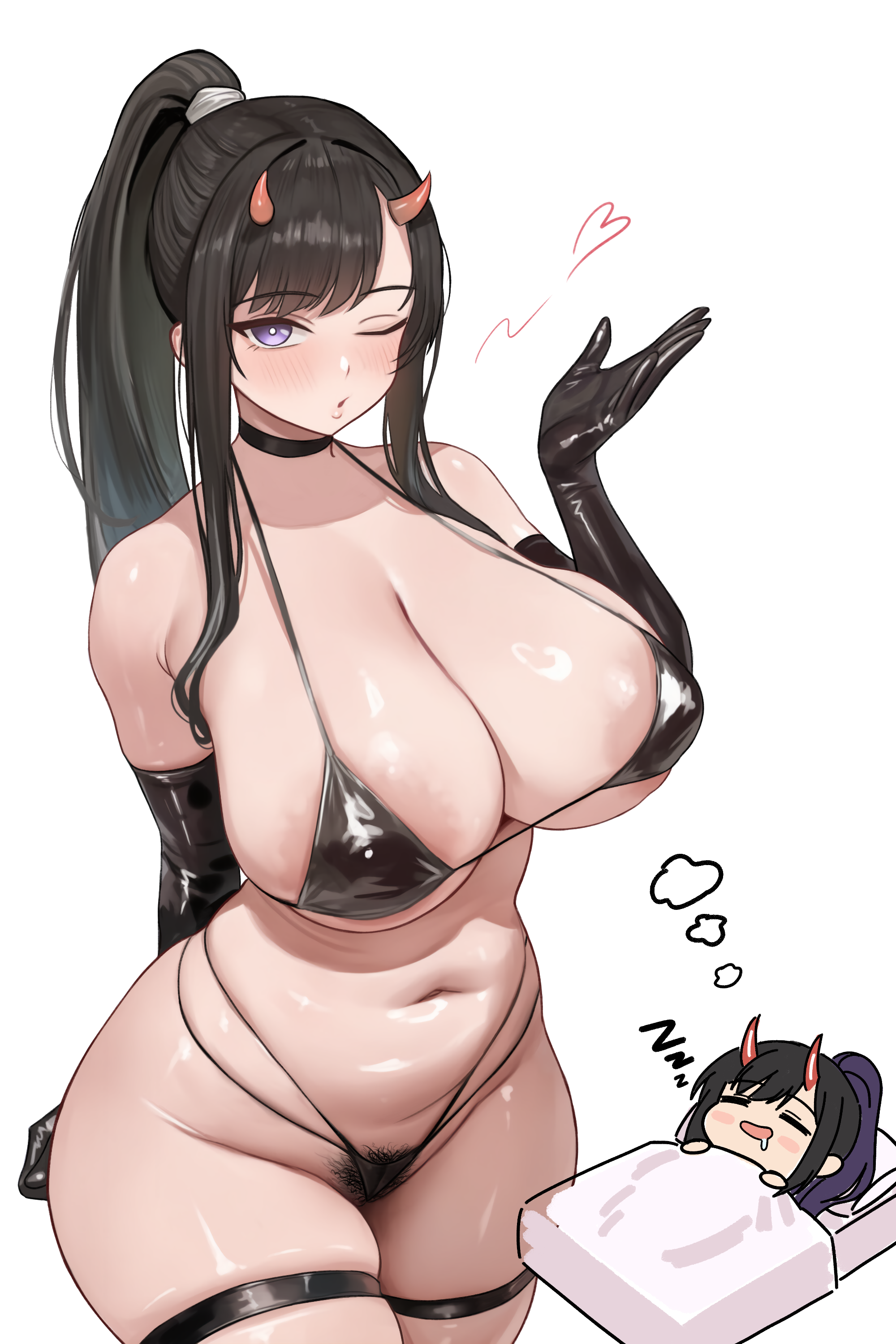 erufura, ryuuhou (azur lane), azur lane, absurdres, highres, 1girl, areola slip, bikini, black bikini, black gloves, black hair, blowing kiss, blue eyes, breasts, chibi, chibi inset, curvy, dreaming, elbow gloves, female pubic hair, gloves, horns, large breasts, micro bikini, one eye closed, ponytail, pubic hair, pubic hair peek, sleeping, swimsuit